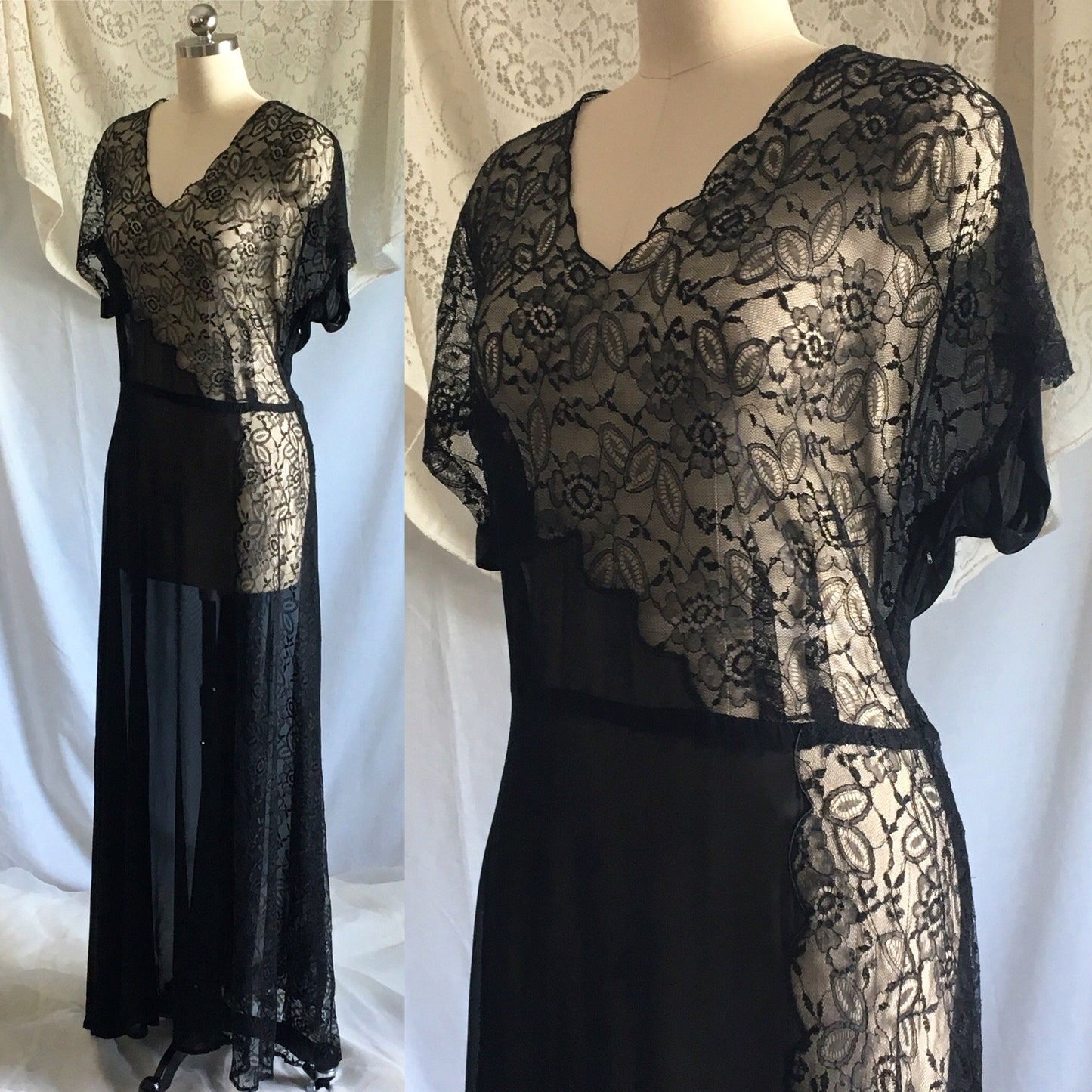 Vintage 1930's Dress | Sheer Black Rayon Chiffon with Chantilly Lace | Size Free up to XL - Daggers & Dames