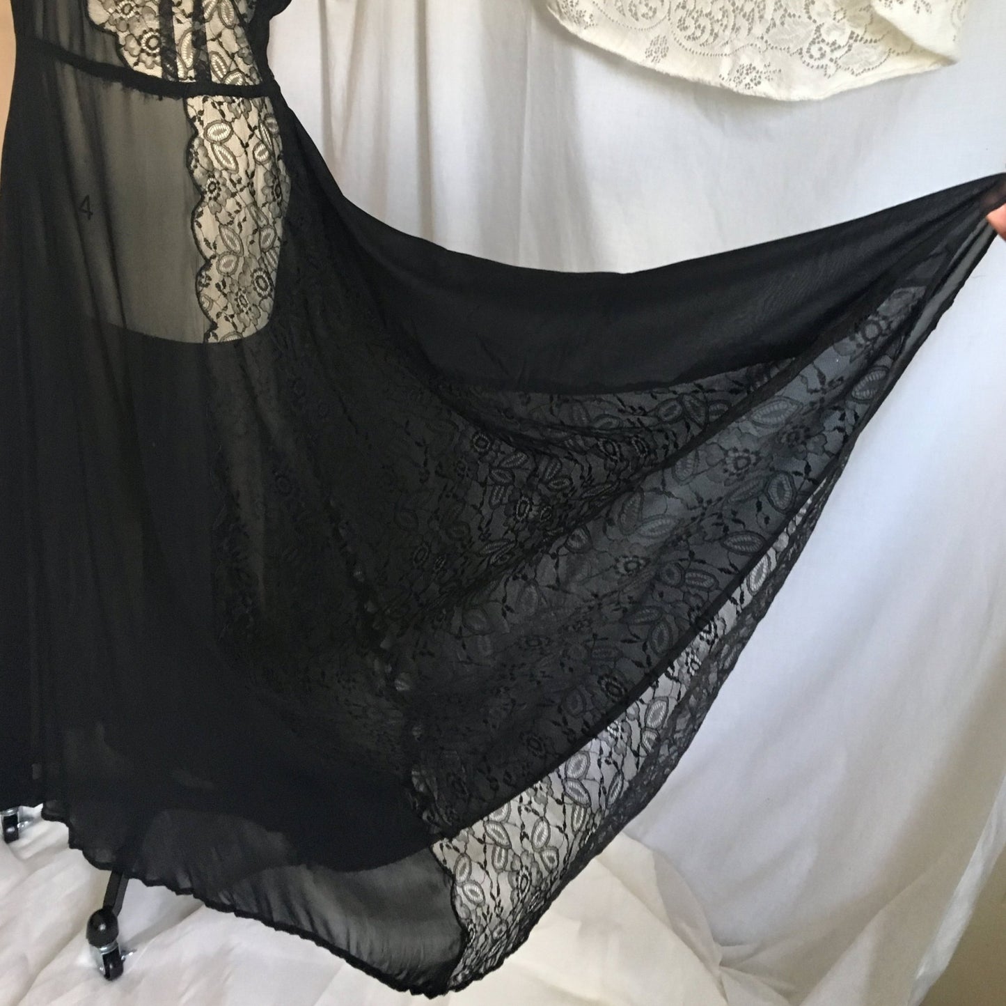 Vintage 1930's Dress | Sheer Black Rayon Chiffon with Chantilly Lace | Size Free up to XL - Daggers & Dames