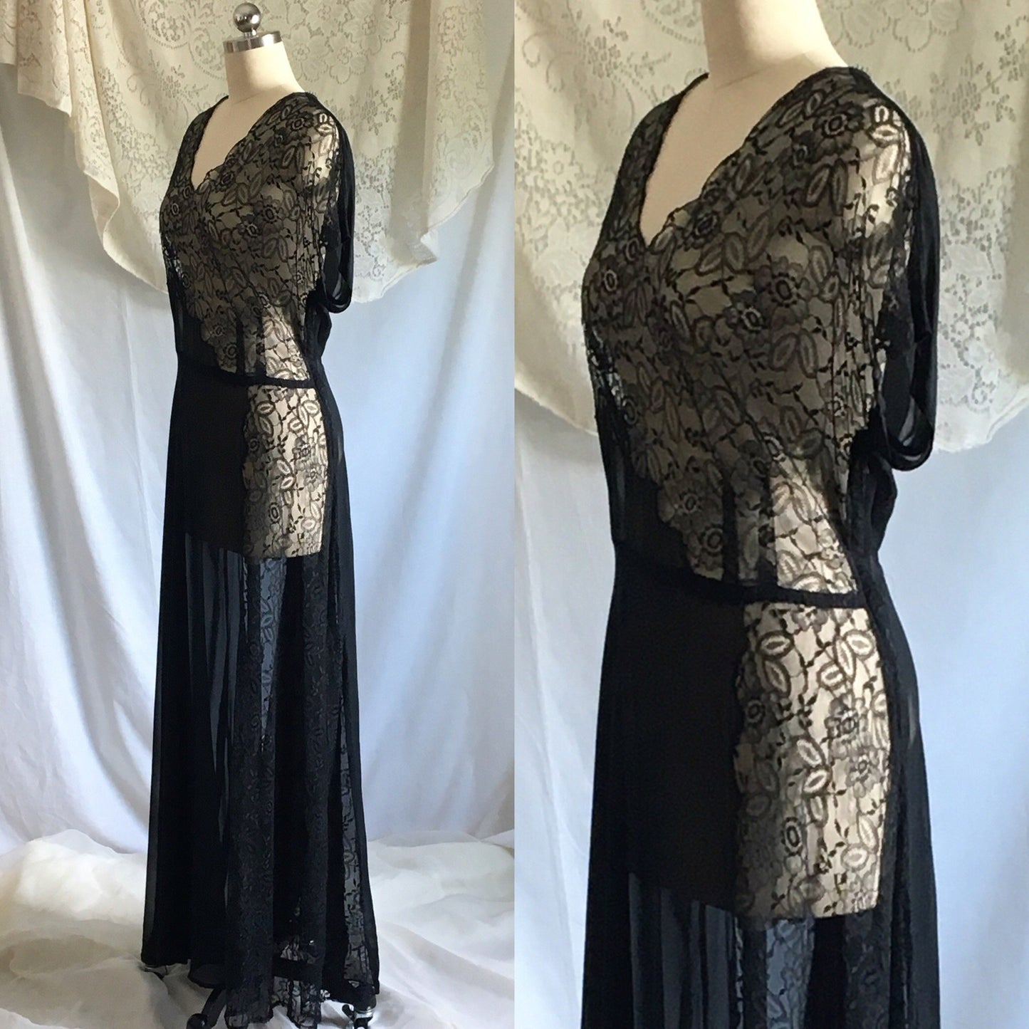 Vintage 1930's Dress | Sheer Black Rayon Chiffon with Chantilly Lace | Size Free up to XL - Daggers & Dames