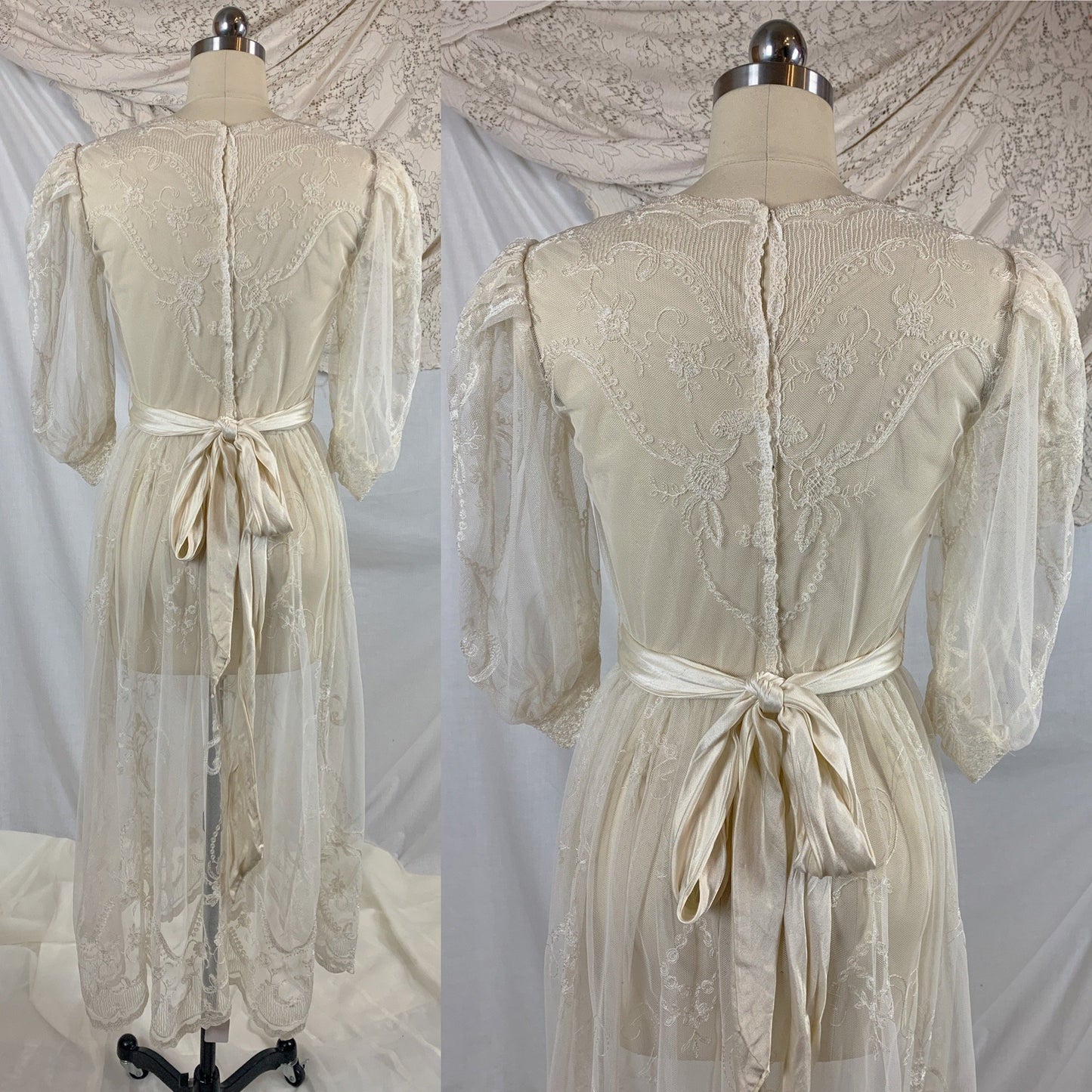 Vintage 1930's Dress | Sheer White Tambour Embroidered Lace Tulle with Puffed Sleeves & Rayon Satin Sash | Size SM, MED - Daggers & Dames