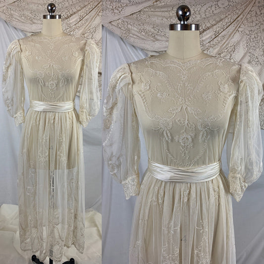 Vintage 1930's Dress | Sheer White Tambour Embroidered Lace Tulle with Puffed Sleeves & Rayon Satin Sash | Size SM, MED - Daggers & Dames