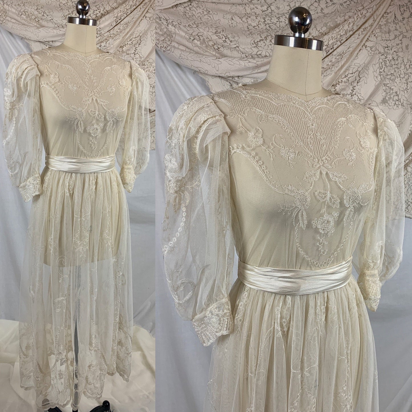 Vintage 1930's Dress | Sheer White Tambour Embroidered Lace Tulle with Puffed Sleeves & Rayon Satin Sash | Size SM, MED - Daggers & Dames