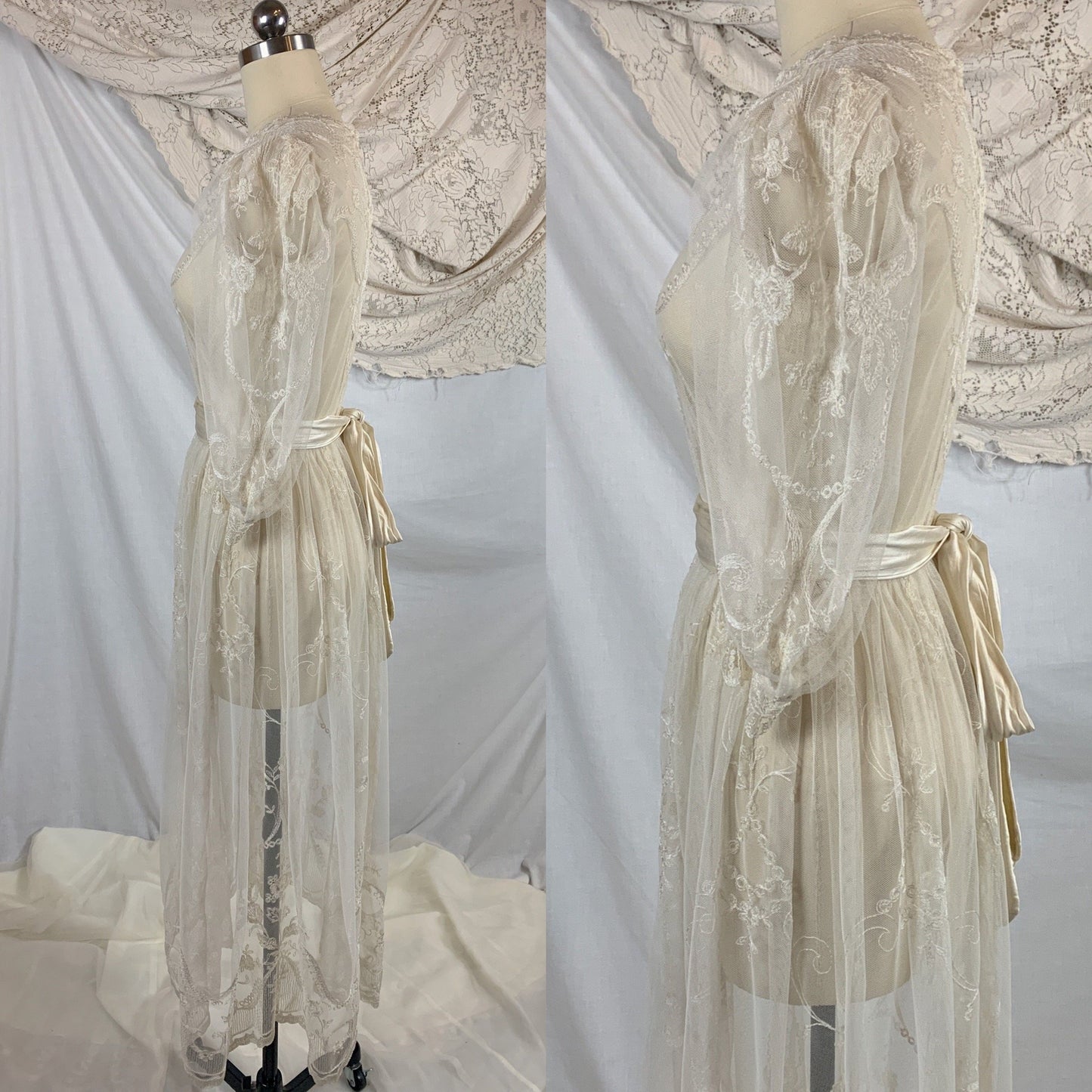 Vintage 1930's Dress | Sheer White Tambour Embroidered Lace Tulle with Puffed Sleeves & Rayon Satin Sash | Size SM, MED - Daggers & Dames