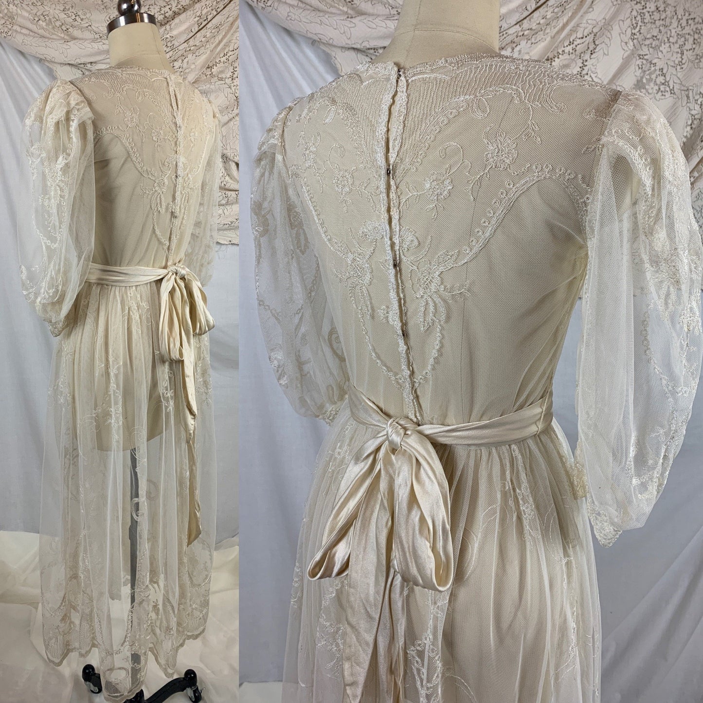 Vintage 1930's Dress | Sheer White Tambour Embroidered Lace Tulle with Puffed Sleeves & Rayon Satin Sash | Size SM, MED - Daggers & Dames