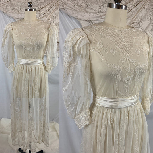 Vintage 1930's Dress | Sheer White Tambour Embroidered Lace Tulle with Puffed Sleeves & Rayon Satin Sash | Size SM, MED - Daggers & Dames