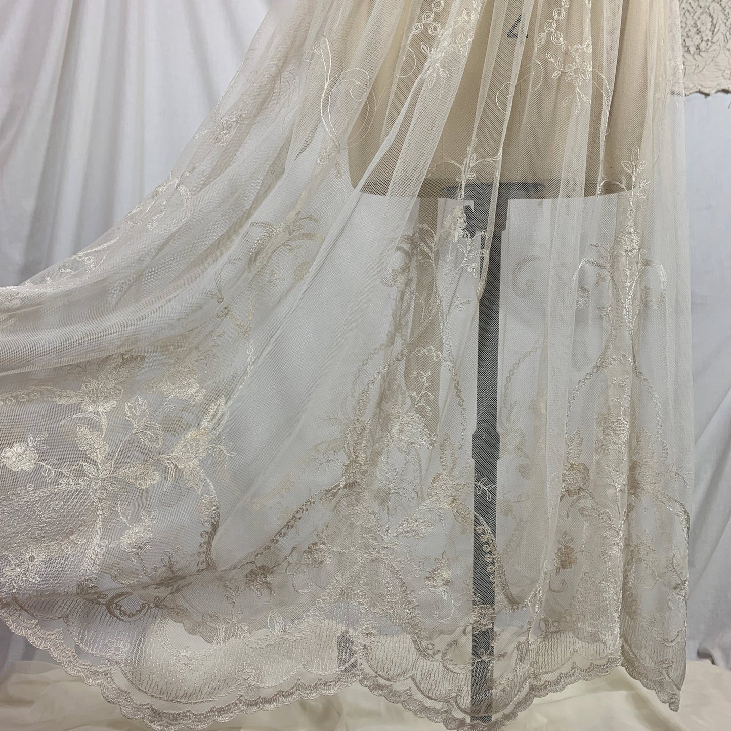 Vintage 1930's Dress | Sheer White Tambour Embroidered Lace Tulle with Puffed Sleeves & Rayon Satin Sash | Size SM, MED - Daggers & Dames