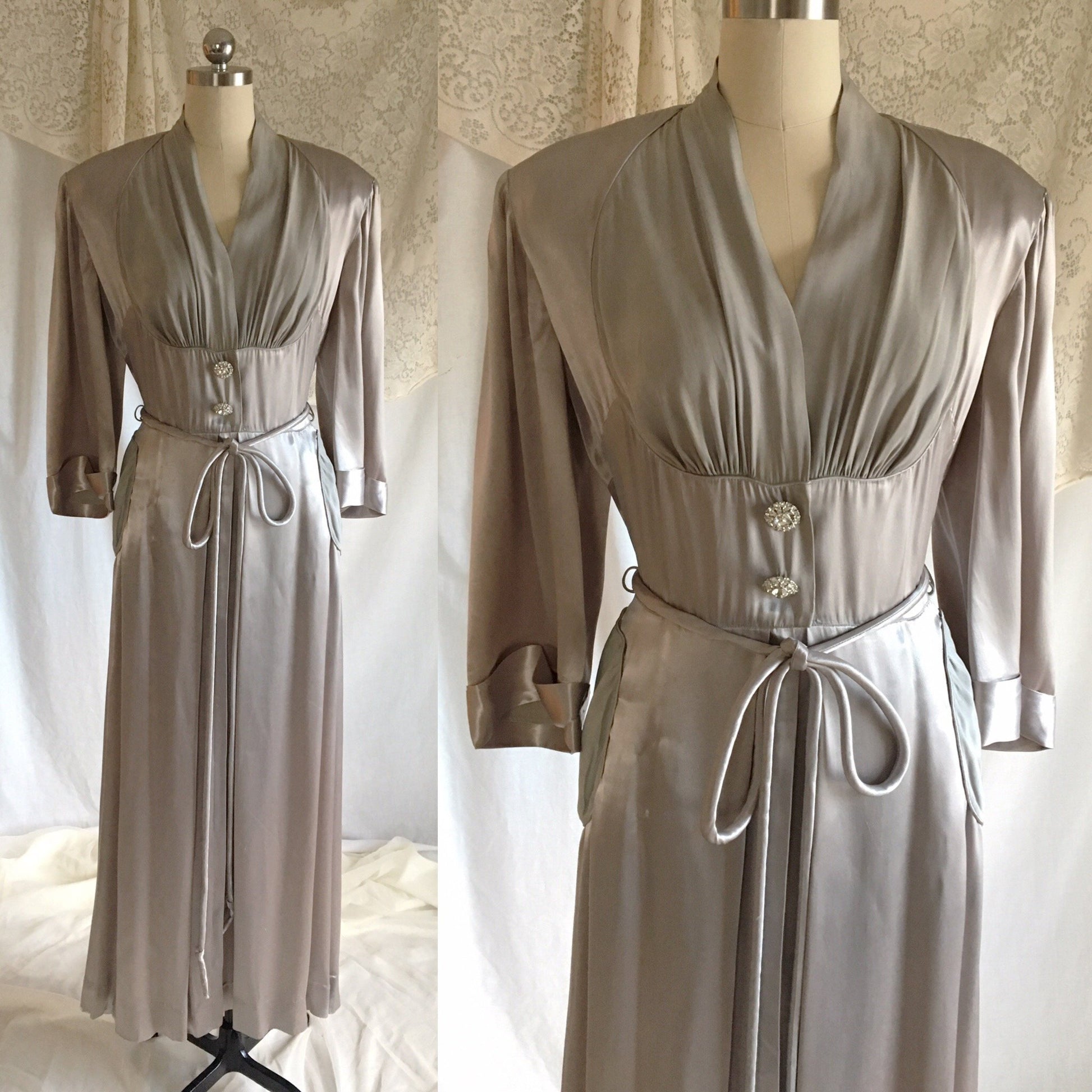 Vintage 1930's Dressing Gown | Deep Silver Gray Satin Charmeuse with Chiffon & Rhinestone Buttons | Size M, LG - Daggers & Dames