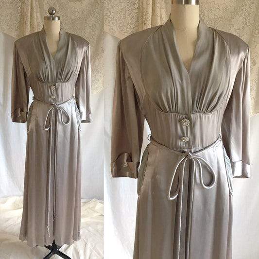 Vintage 1930's Dressing Gown | Deep Silver Gray Satin Charmeuse with Chiffon & Rhinestone Buttons | Size M, LG - Daggers & Dames