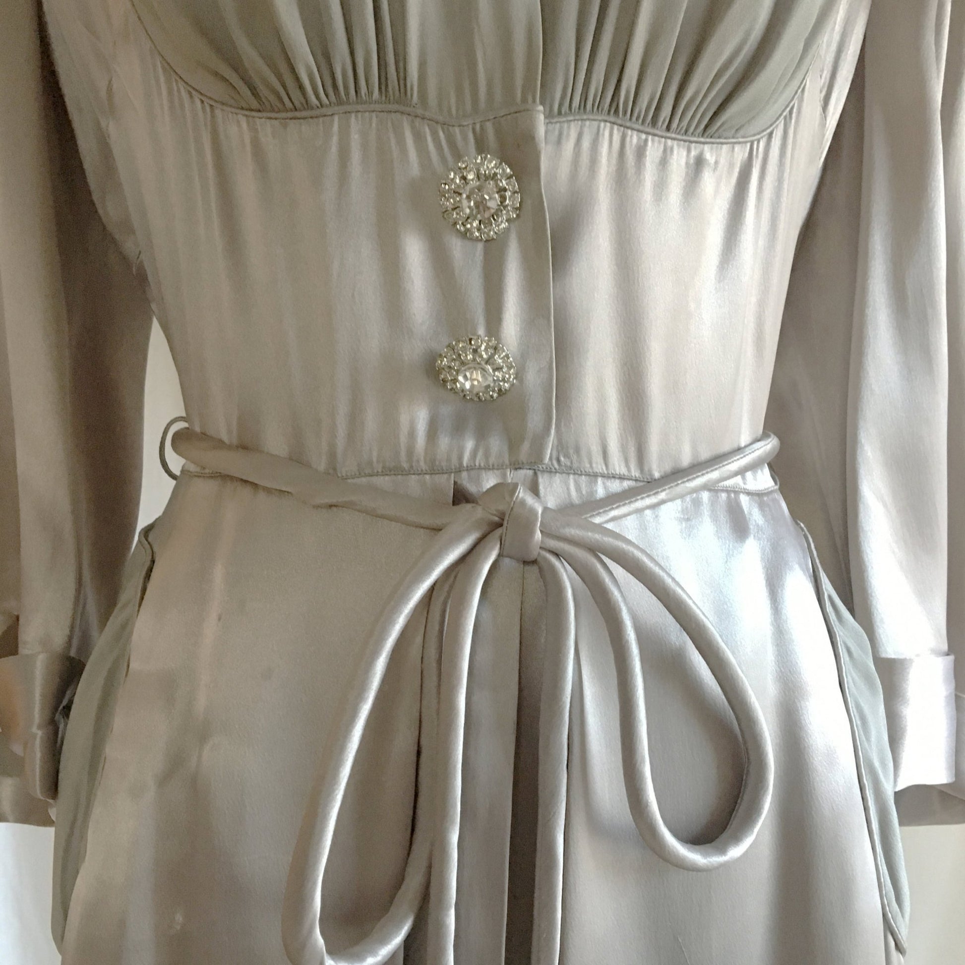 Vintage 1930's Dressing Gown | Deep Silver Gray Satin Charmeuse with Chiffon & Rhinestone Buttons | Size M, LG - Daggers & Dames