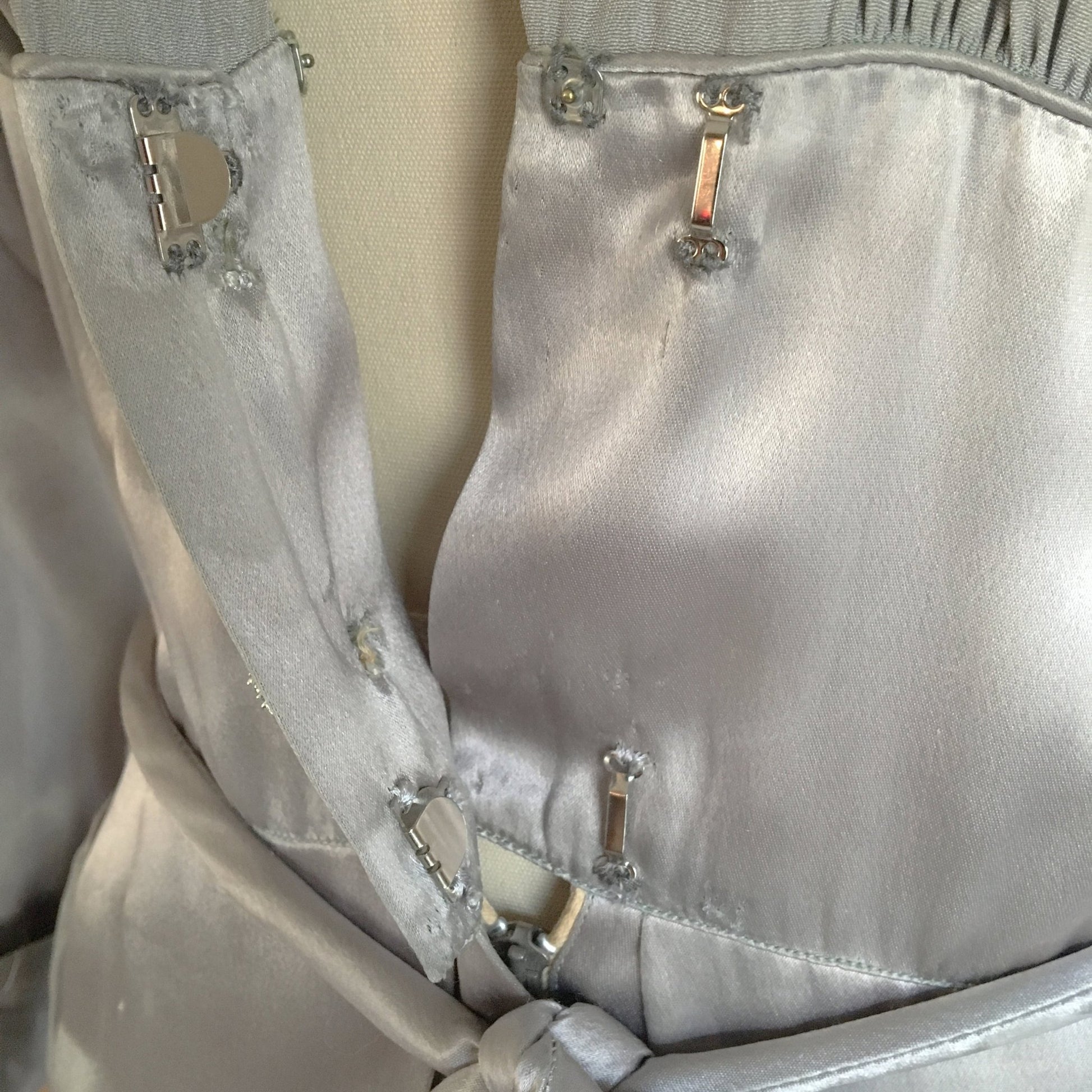 Vintage 1930's Dressing Gown | Deep Silver Gray Satin Charmeuse with Chiffon & Rhinestone Buttons | Size M, LG - Daggers & Dames