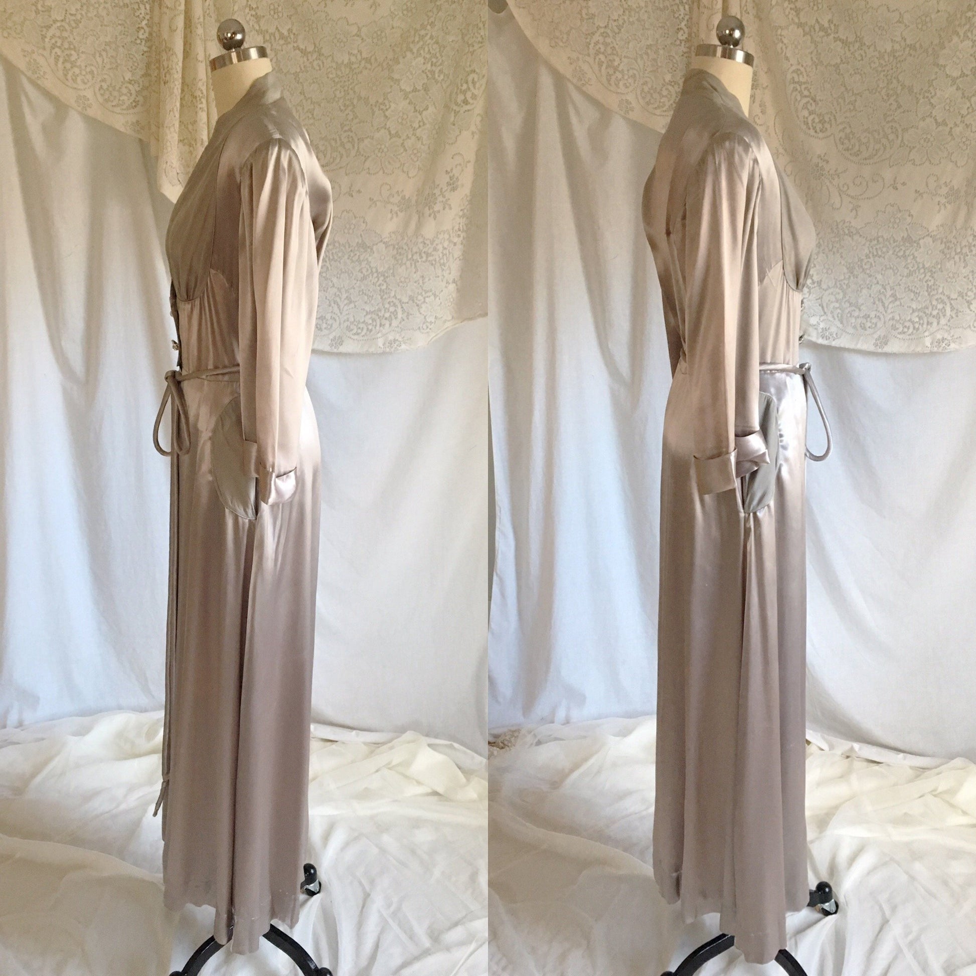 Vintage 1930's Dressing Gown | Deep Silver Gray Satin Charmeuse with Chiffon & Rhinestone Buttons | Size M, LG - Daggers & Dames