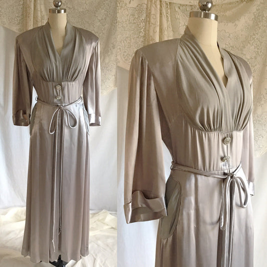 Vintage 1930's Dressing Gown | Deep Silver Gray Satin Charmeuse with Chiffon & Rhinestone Buttons | Size M, LG - Daggers & Dames