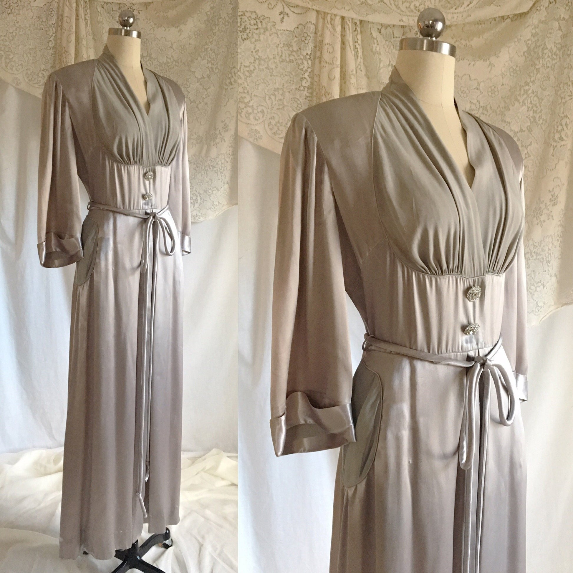 Vintage 1930's Dressing Gown | Deep Silver Gray Satin Charmeuse with Chiffon & Rhinestone Buttons | Size M, LG - Daggers & Dames