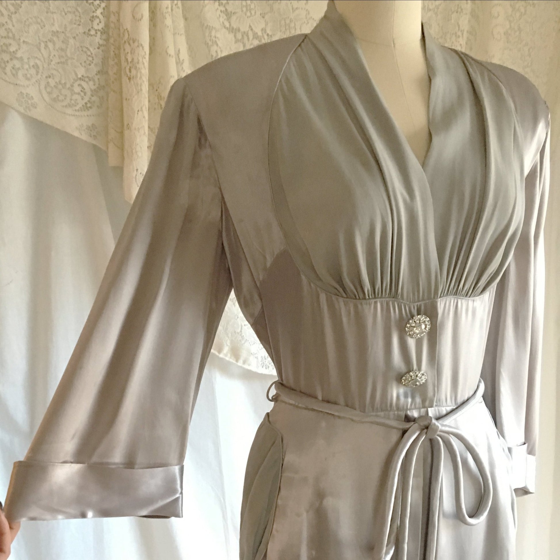 Vintage 1930's Dressing Gown | Deep Silver Gray Satin Charmeuse with Chiffon & Rhinestone Buttons | Size M, LG - Daggers & Dames