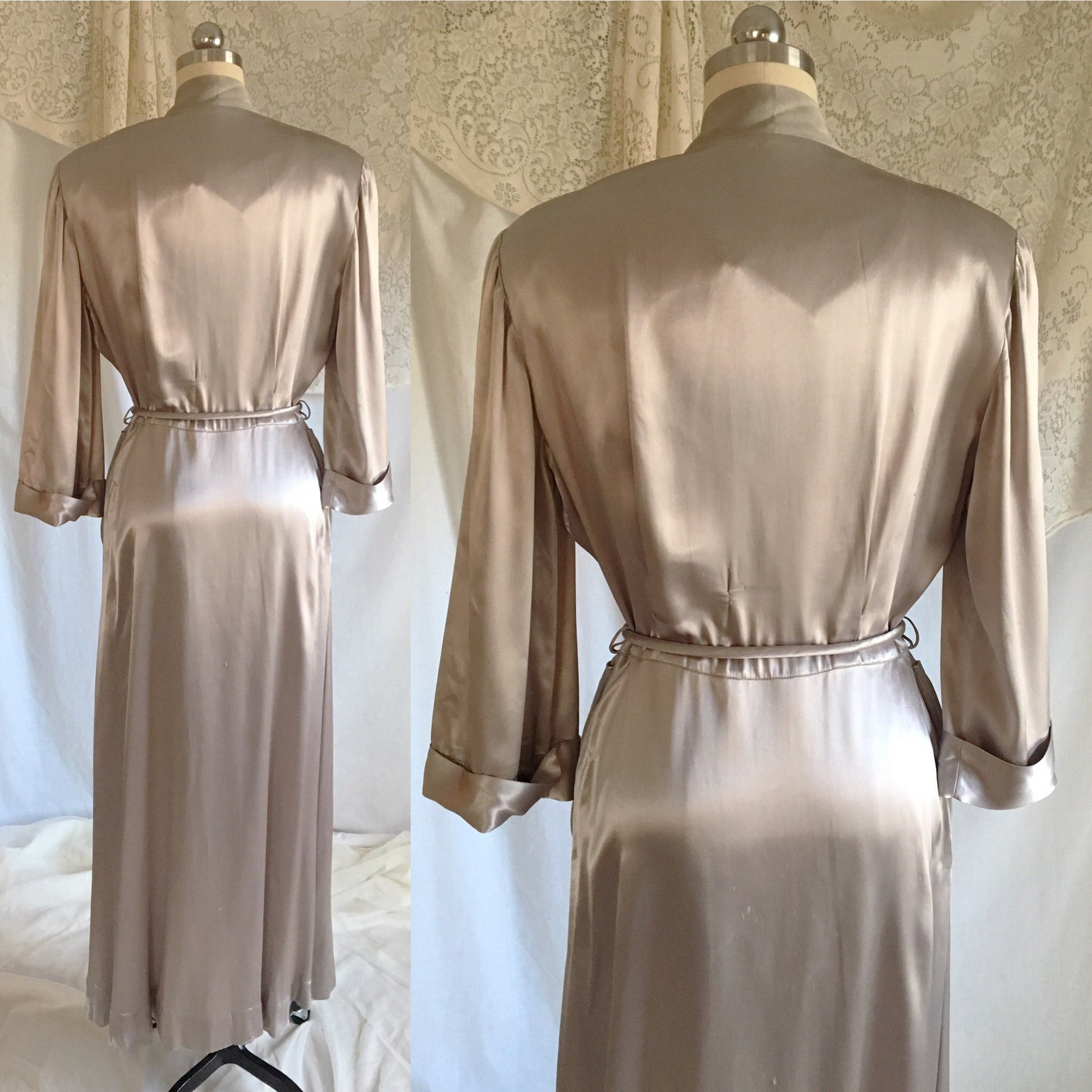 Vintage 1930's Dressing Gown | Deep Silver Gray Satin Charmeuse with Chiffon & Rhinestone Buttons | Size M, LG - Daggers & Dames