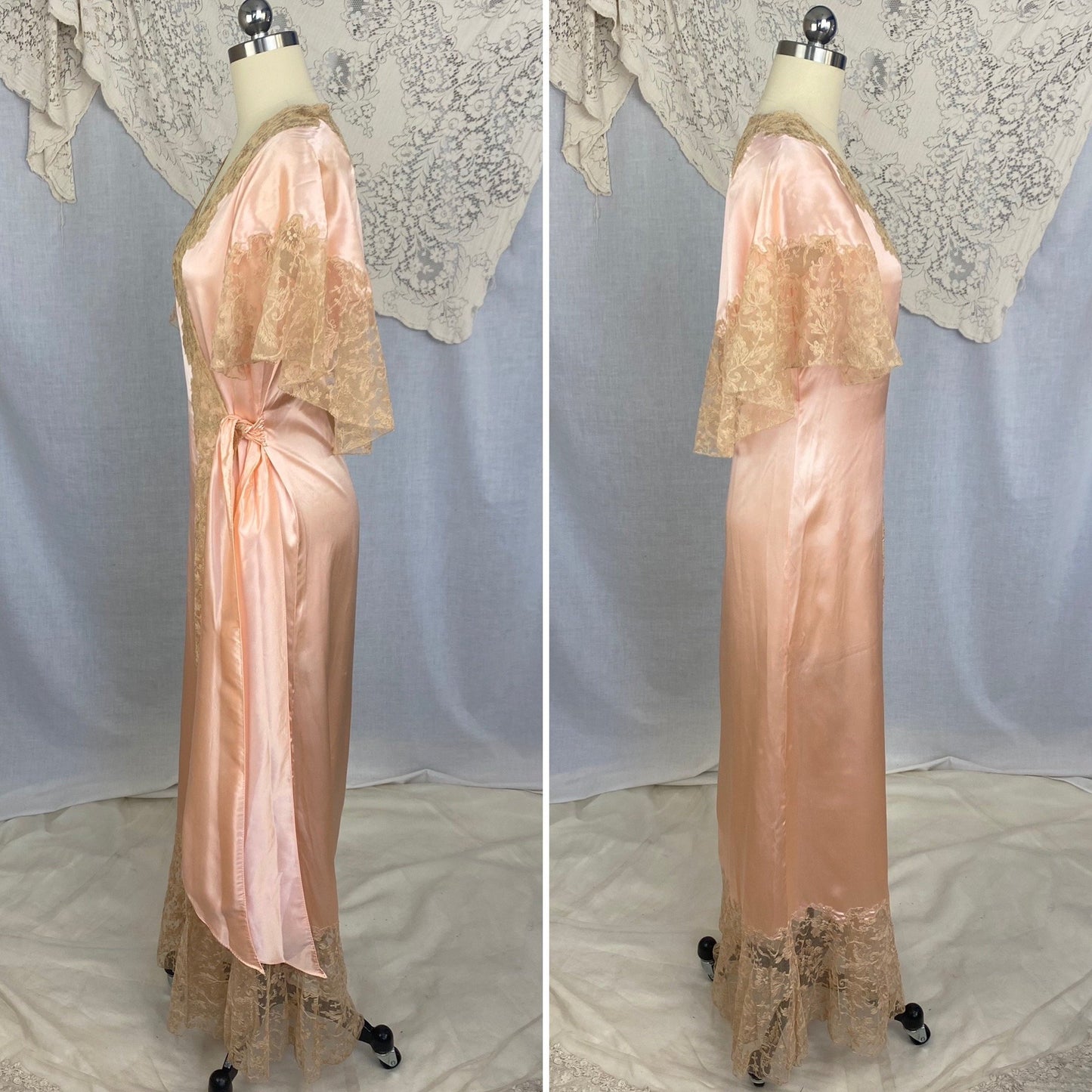 Vintage 1930's Dressing Gown Robe | Rose Gold Silk Charmeuse with Nude Tambour Lace | Size S, M, L -Never Worn - Daggers & Dames