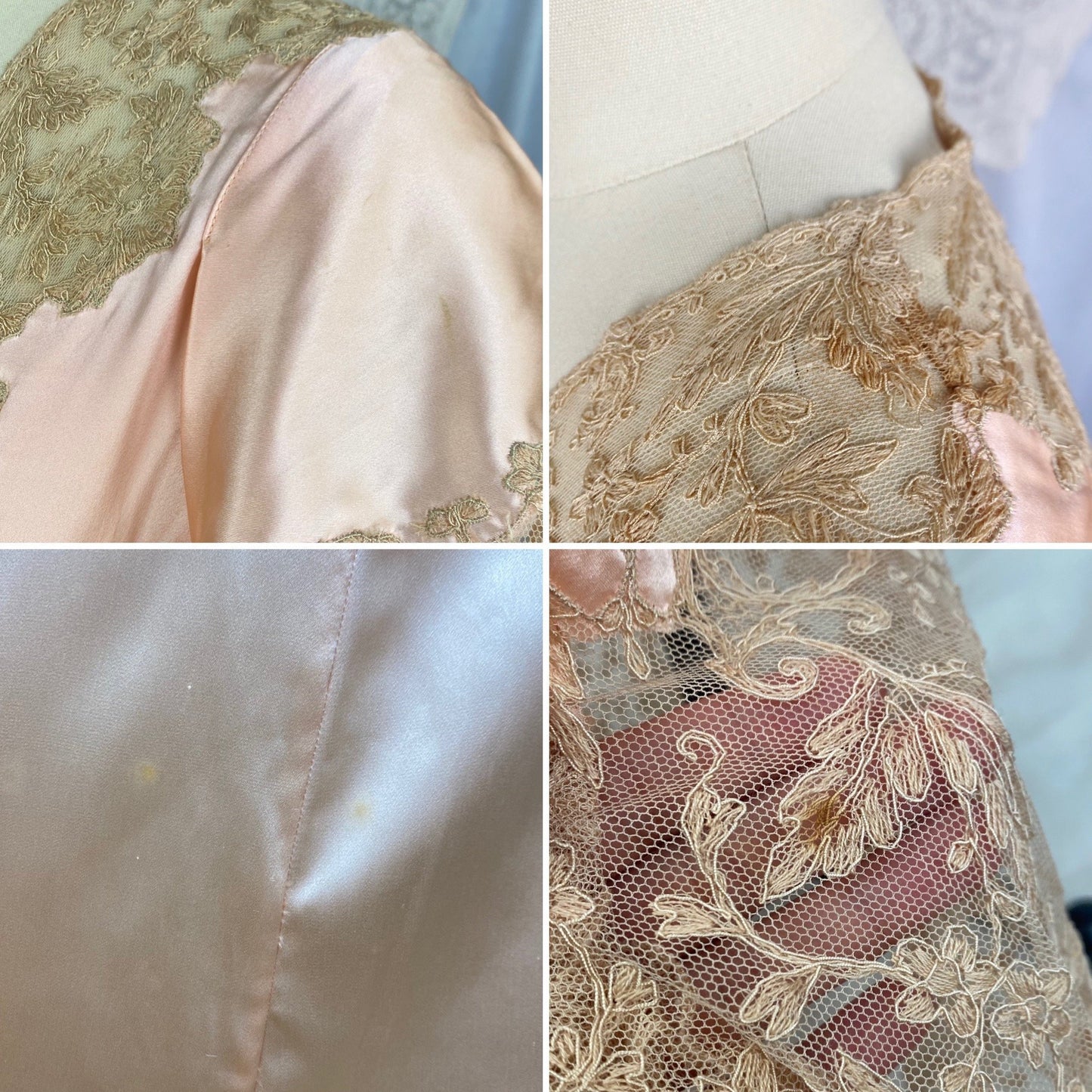 Vintage 1930's Dressing Gown Robe | Rose Gold Silk Charmeuse with Nude Tambour Lace | Size S, M, L -Never Worn - Daggers & Dames