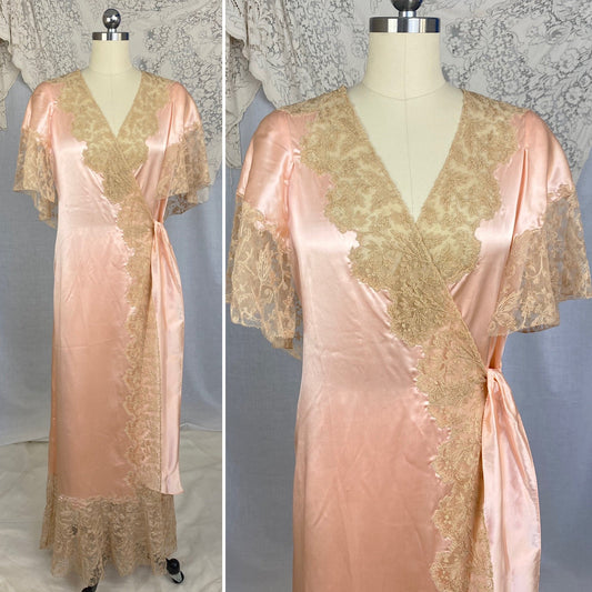 Vintage 1930's Dressing Gown Robe | Rose Gold Silk Charmeuse with Nude Tambour Lace | Size S, M, L -Never Worn - Daggers & Dames