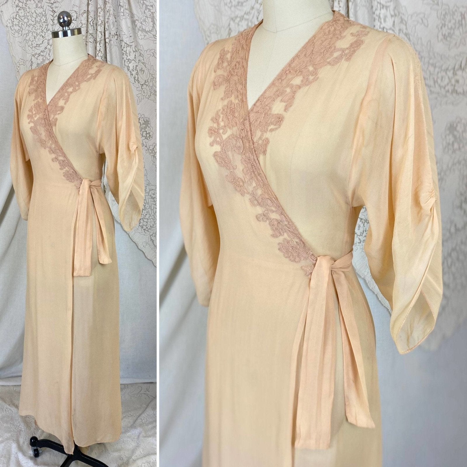 Vintage 1930's Dressing Gown Robe | Sheer Peach Silk Chiffon with Mauve Floral Embroidery | Size XS, S, M - Daggers & Dames