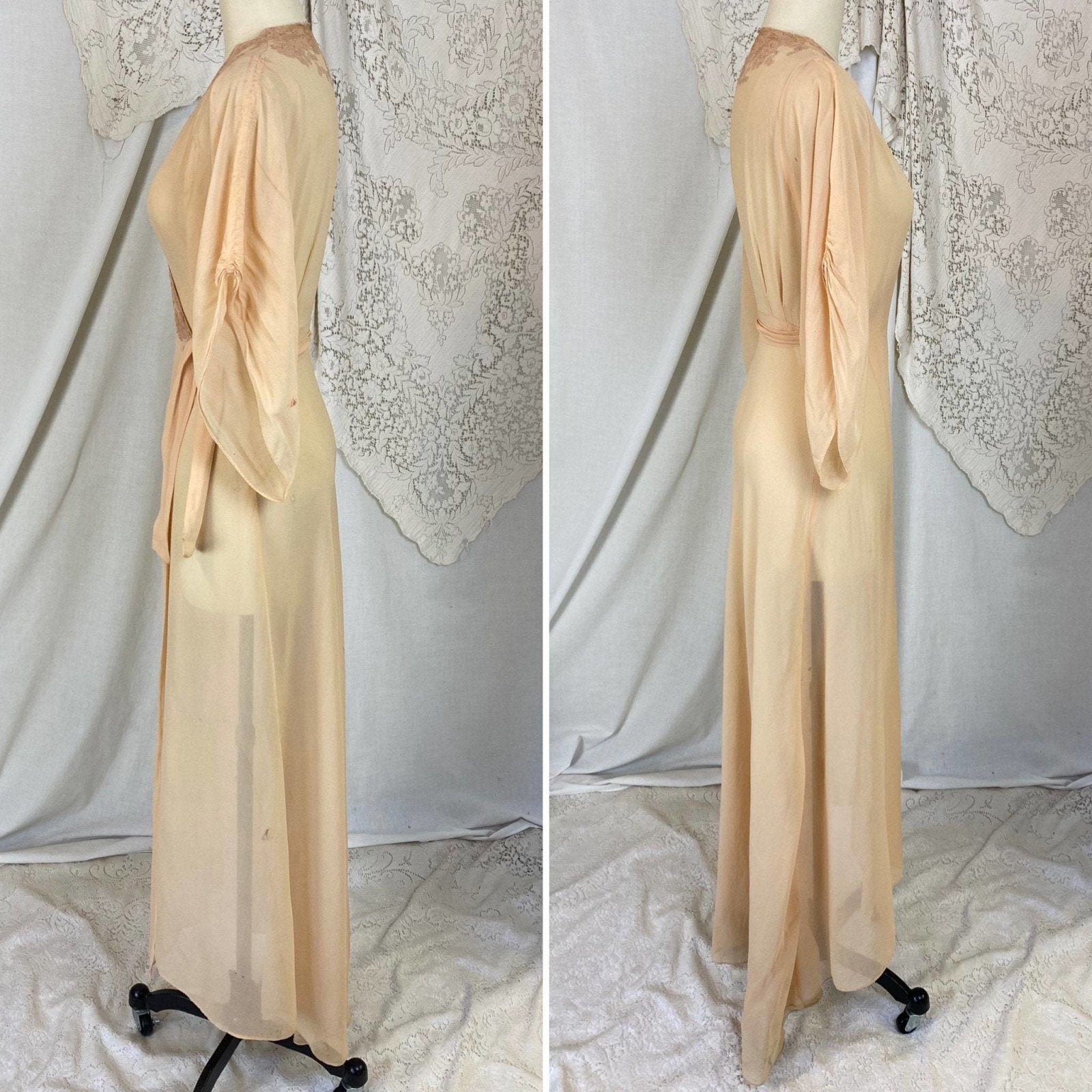 Vintage 1930's Dressing Gown Robe | Sheer Peach Silk Chiffon with Mauve Floral Embroidery | Size XS, S, M - Daggers & Dames