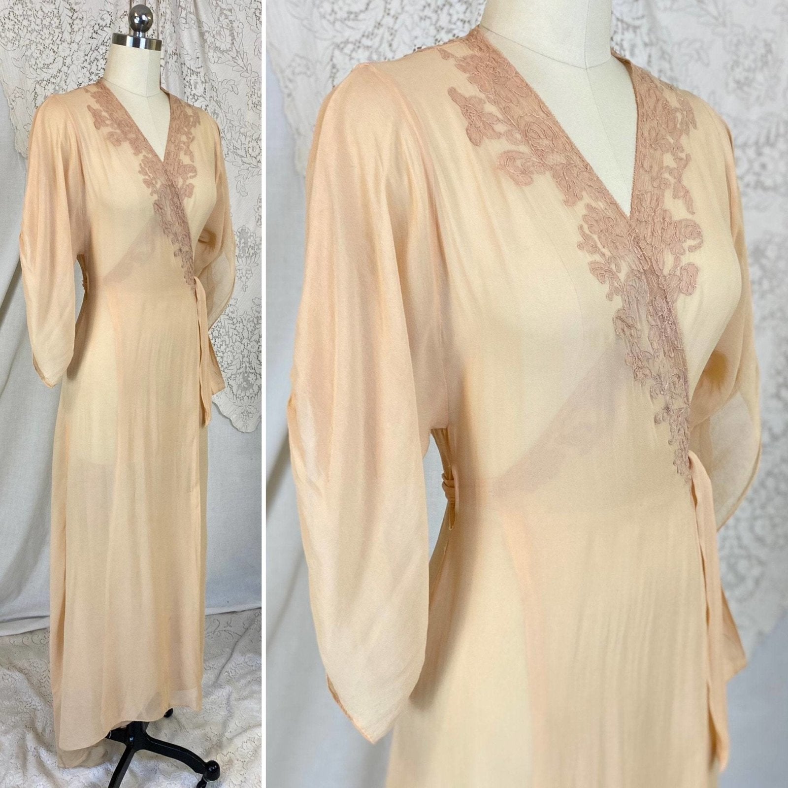 Vintage 1930's Dressing Gown Robe | Sheer Peach Silk Chiffon with Mauve Floral Embroidery | Size XS, S, M - Daggers & Dames