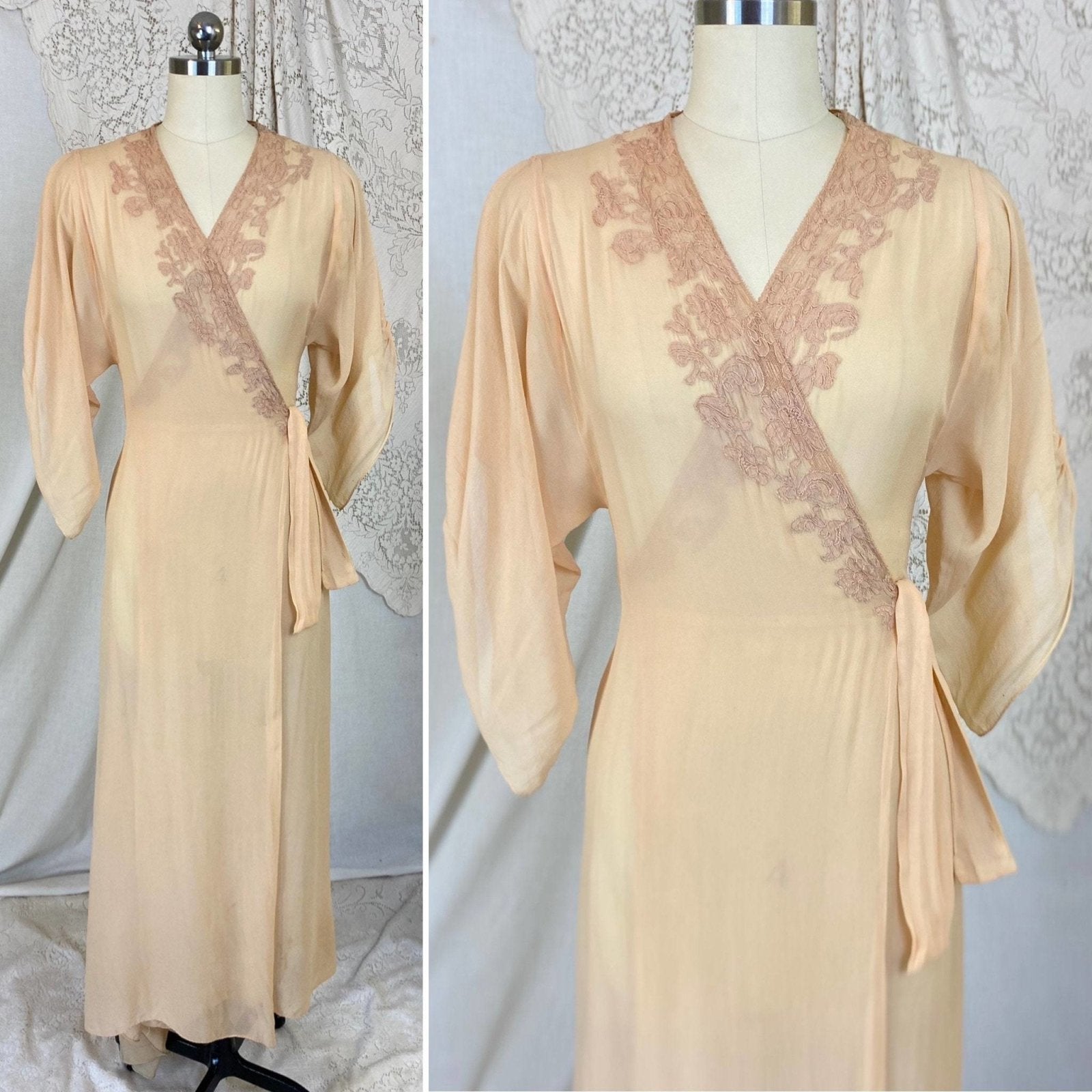 Vintage 1930's Dressing Gown Robe | Sheer Peach Silk Chiffon with Mauve Floral Embroidery | Size XS, S, M - Daggers & Dames