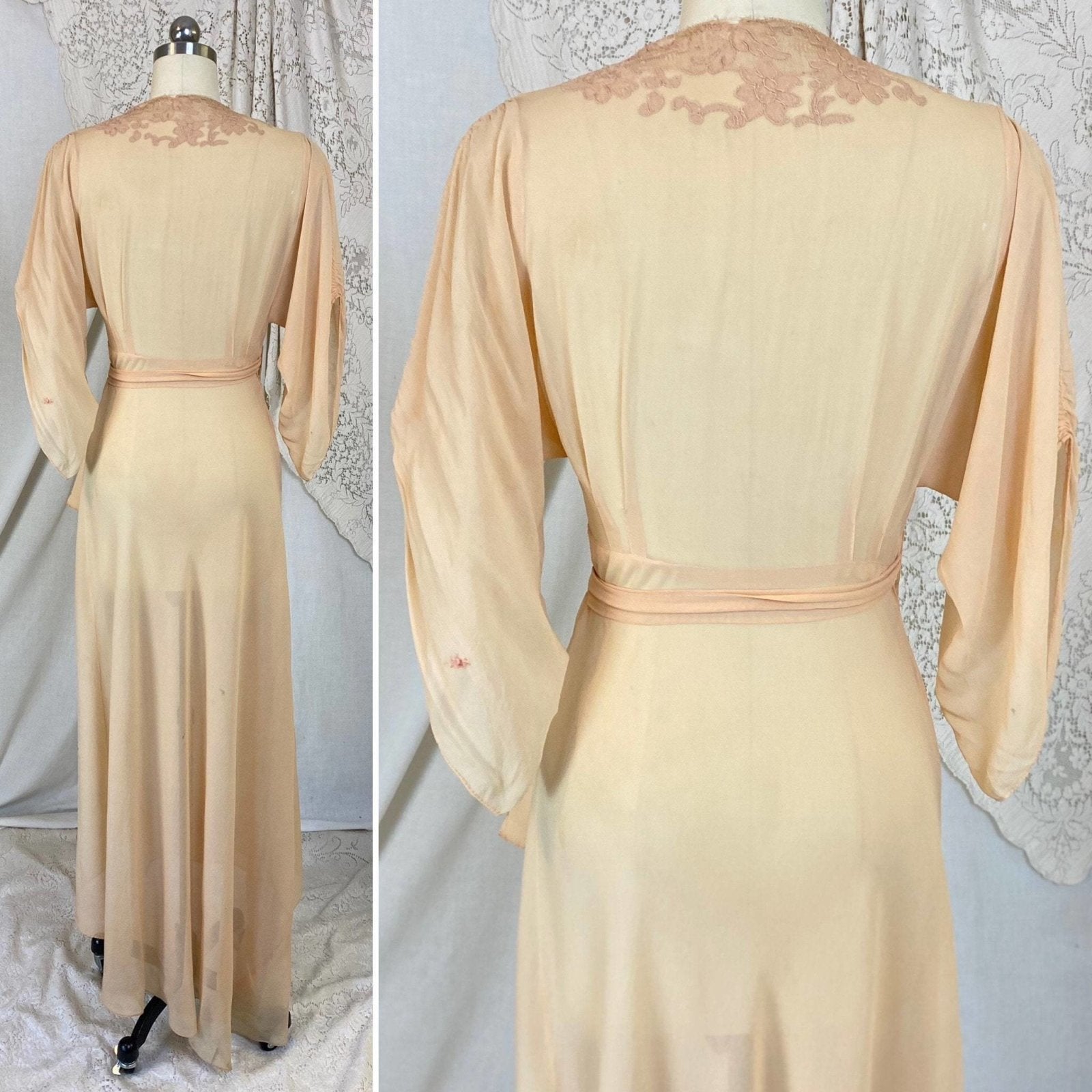 Vintage 1930's Dressing Gown Robe | Sheer Peach Silk Chiffon with Mauve Floral Embroidery | Size XS, S, M - Daggers & Dames