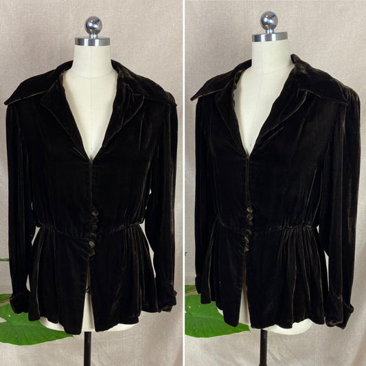 Vintage 1930's Jacket | Deep Mocha Brown Silk Velvet with Bias Cut & Peplum Waist | Size M, LG | Derry's - Daggers & Dames