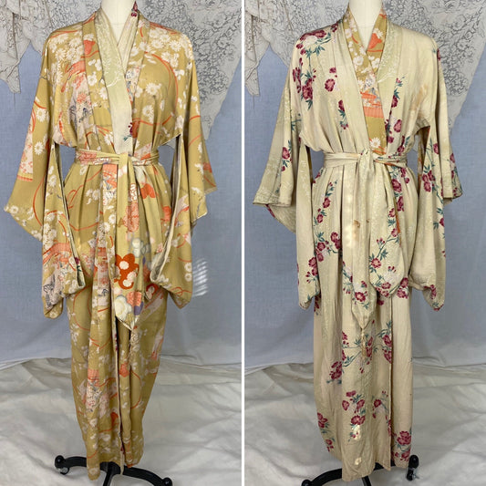 Vintage 1930's Japanese Kimono Robe | Reversible Silk Crepe with Painted Floral Pattern & Sash Tie | Size Free - Daggers & Dames