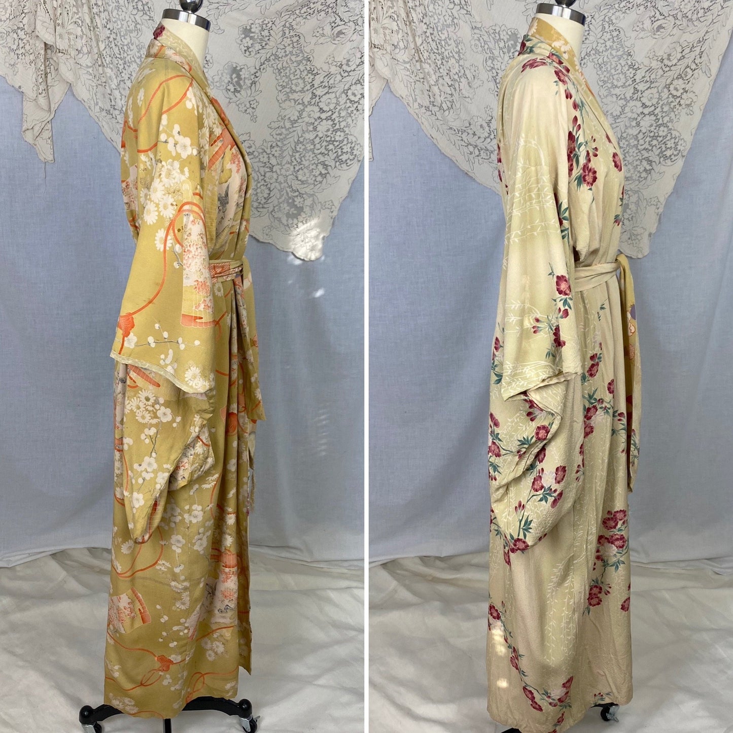 Vintage 1930's Japanese Kimono Robe | Reversible Silk Crepe with Painted Floral Pattern & Sash Tie | Size Free - Daggers & Dames