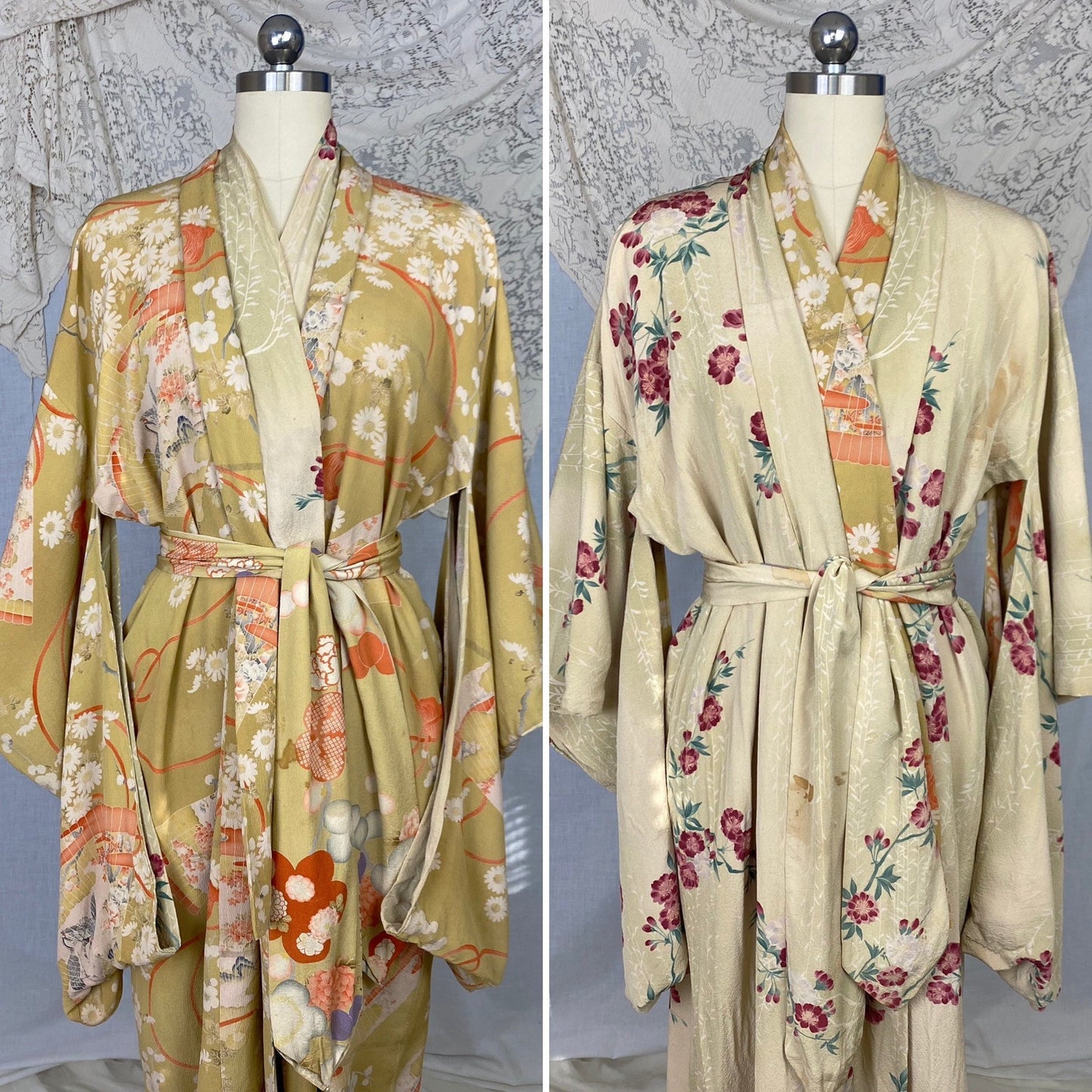 Vintage 1930's Japanese Kimono Robe | Reversible Silk Crepe with Painted Floral Pattern & Sash Tie | Size Free - Daggers & Dames