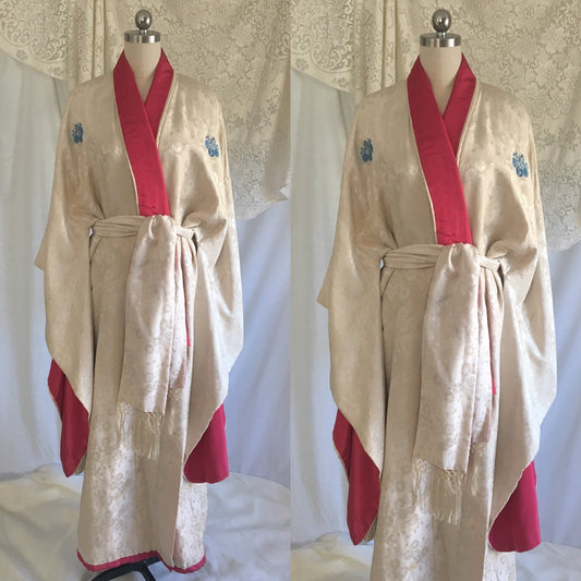 Vintage 1930's Kimono Robe | Ivory Silk Jacquard with Fuchsia Silk Taffeta & Tassel Sash Belt | Size Free - Daggers & Dames