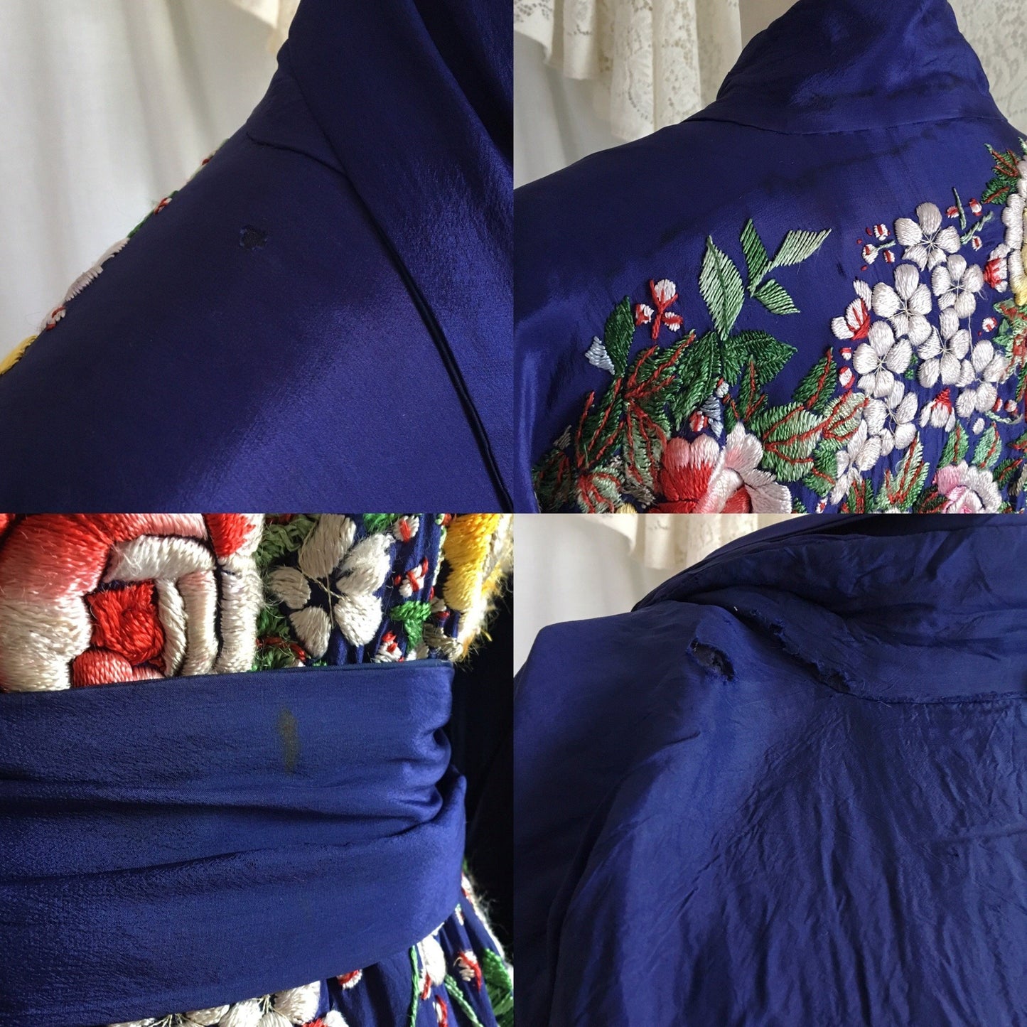 Vintage 1930's Kimono Robe | Royal Blue Silk with Floral Embroidery & Tassel Sash | Size S, M, LG - Daggers & Dames