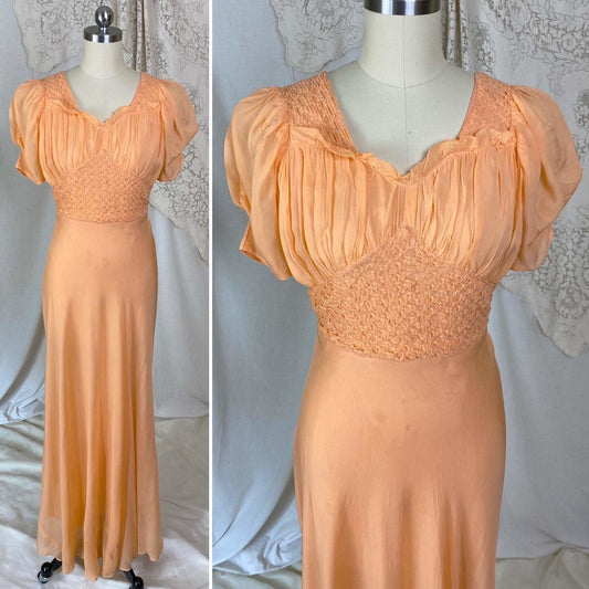Vintage 1930's Maxi Dress | Rich Apricot Silk Chiffon with Puffed Sleeves & Honeycomb Smocking | Size XS - Daggers & Dames