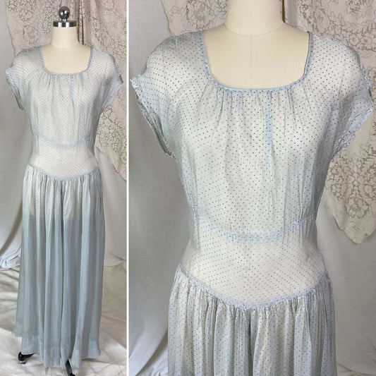 Vintage 1930's Maxi Dress | Sheer Dusty Blue Silk Organza with Gold Swiss Dots | Size M - Daggers & Dames