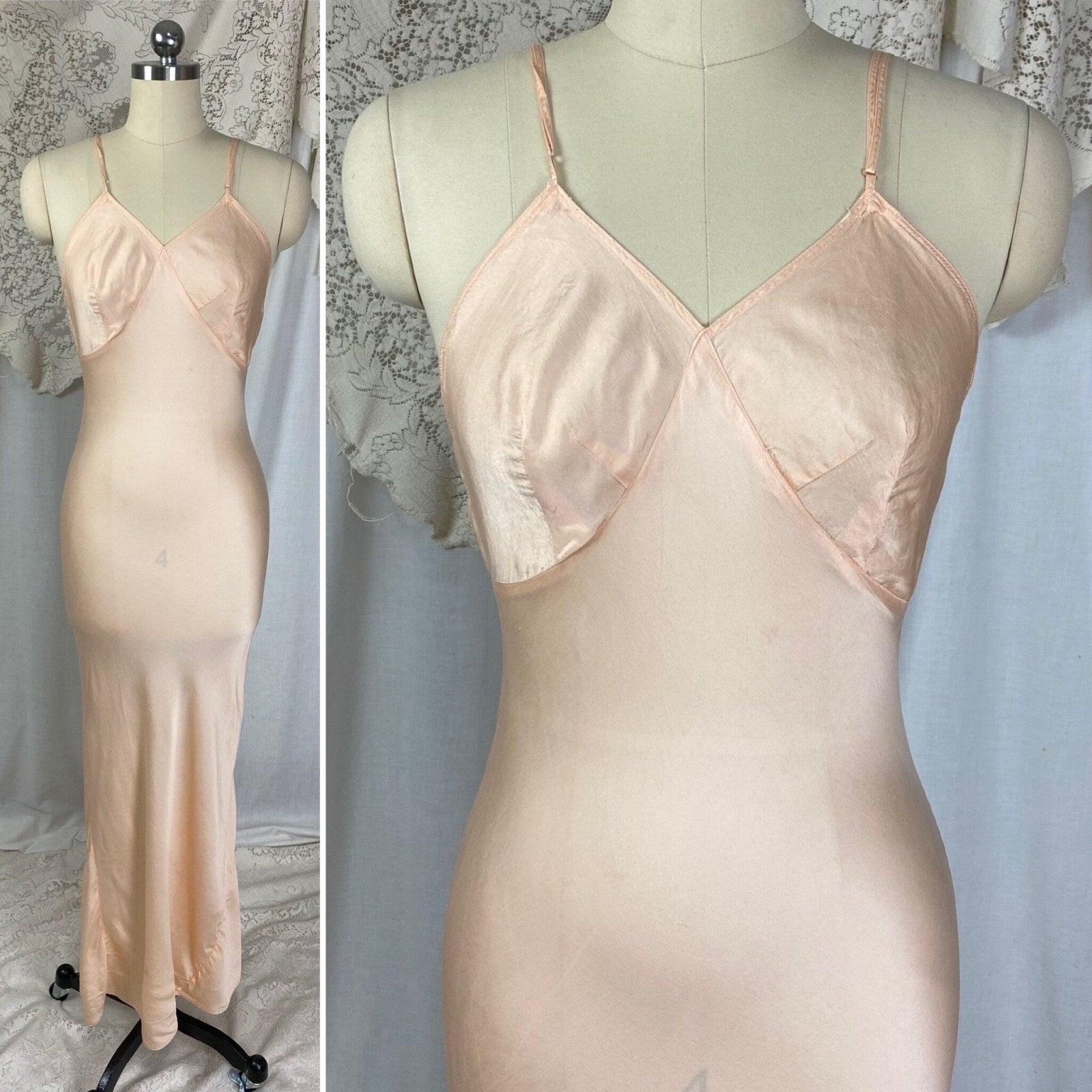 Vintage 1930's Maxi Slip Dress | Semi Sheer Peach Silk with Deep Bias Cut & Low Back | Size S, M - Daggers & Dames