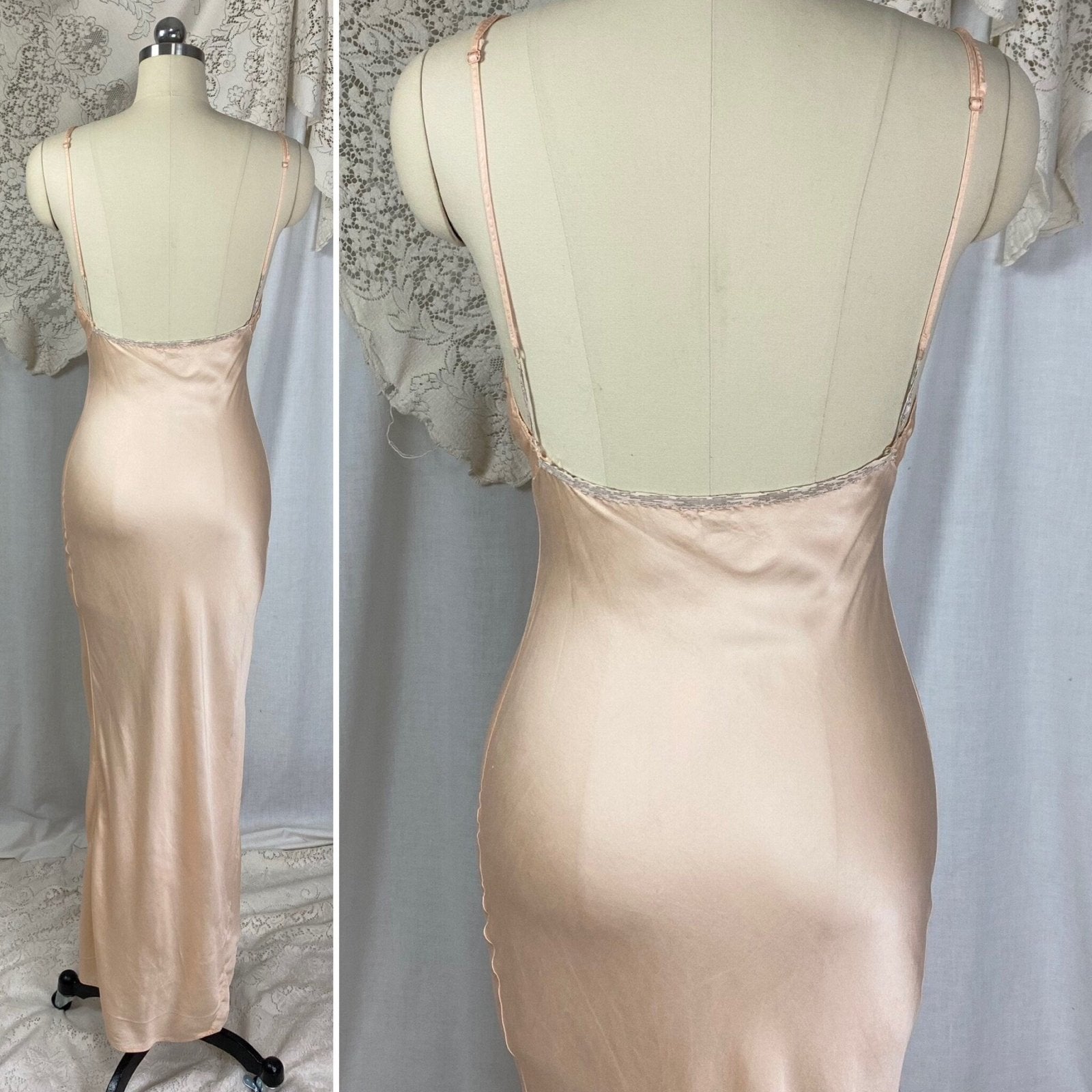 Vintage 1930's Maxi Slip Dress | Semi Sheer Peach Silk with Deep Bias Cut & Low Back | Size S, M - Daggers & Dames