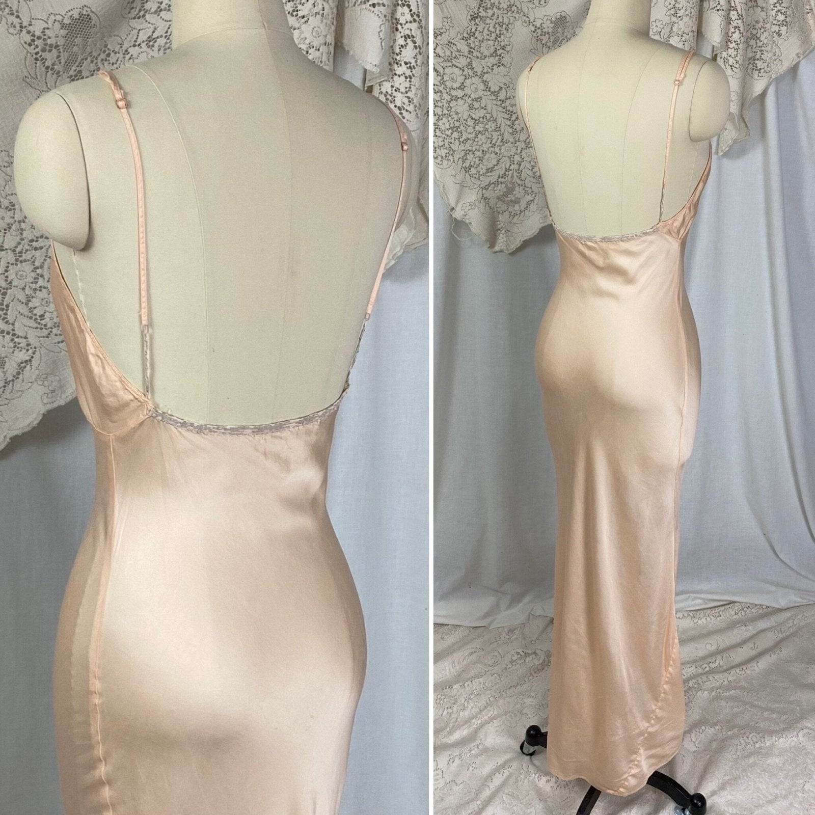 Vintage 1930's Maxi Slip Dress | Semi Sheer Peach Silk with Deep Bias Cut & Low Back | Size S, M - Daggers & Dames