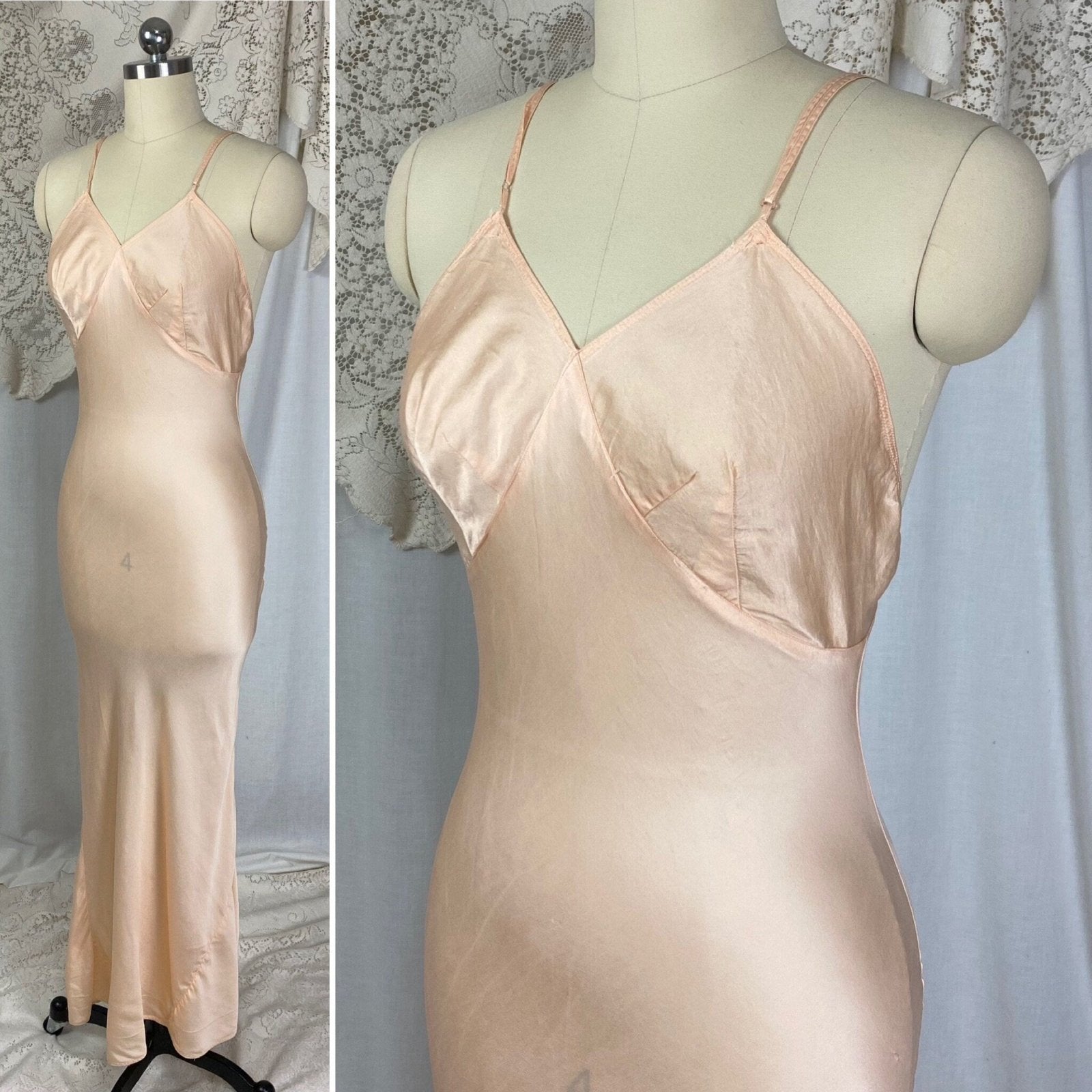 Vintage 1930's Maxi Slip Dress | Semi Sheer Peach Silk with Deep Bias Cut & Low Back | Size S, M - Daggers & Dames