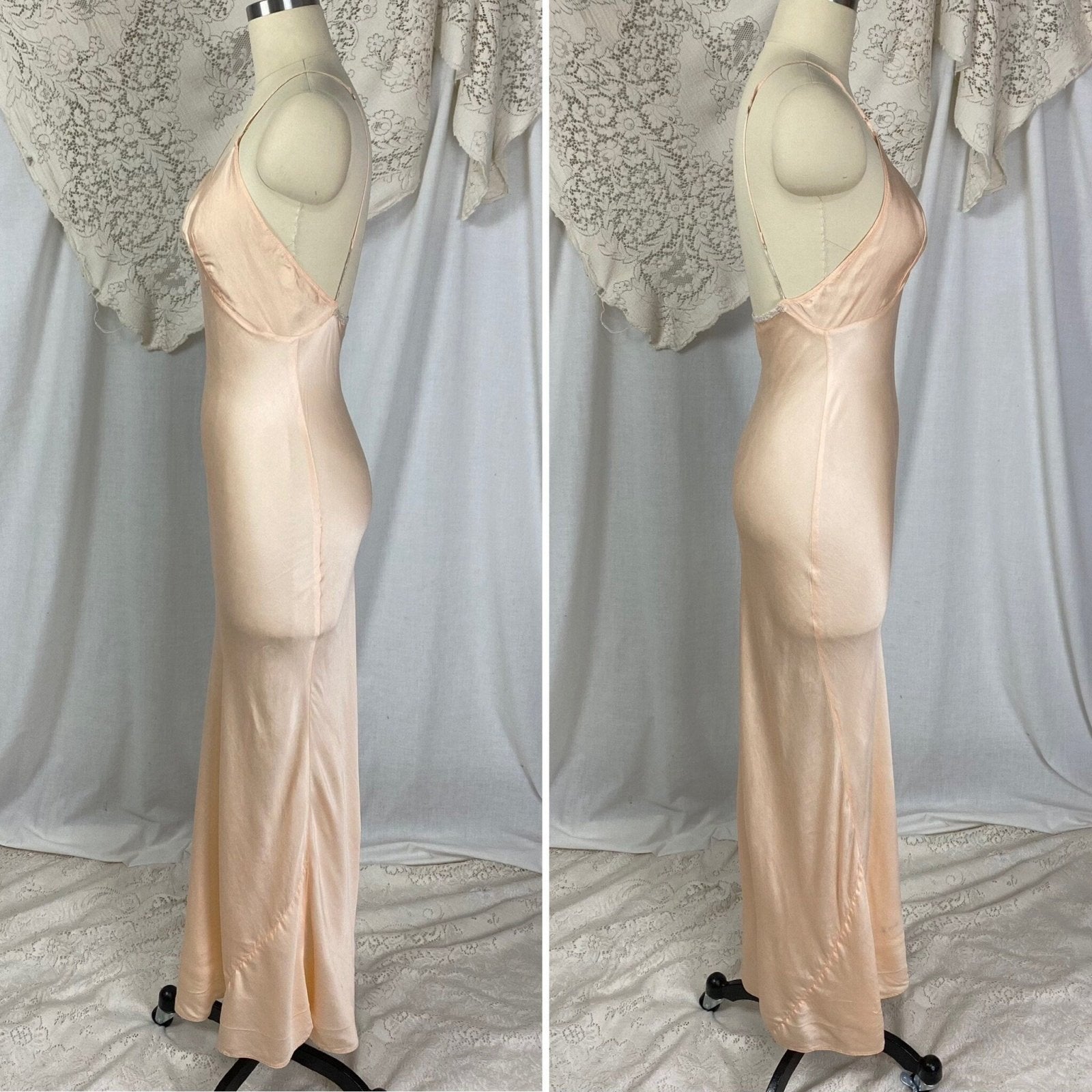 Vintage 1930's Maxi Slip Dress | Semi Sheer Peach Silk with Deep Bias Cut & Low Back | Size S, M - Daggers & Dames