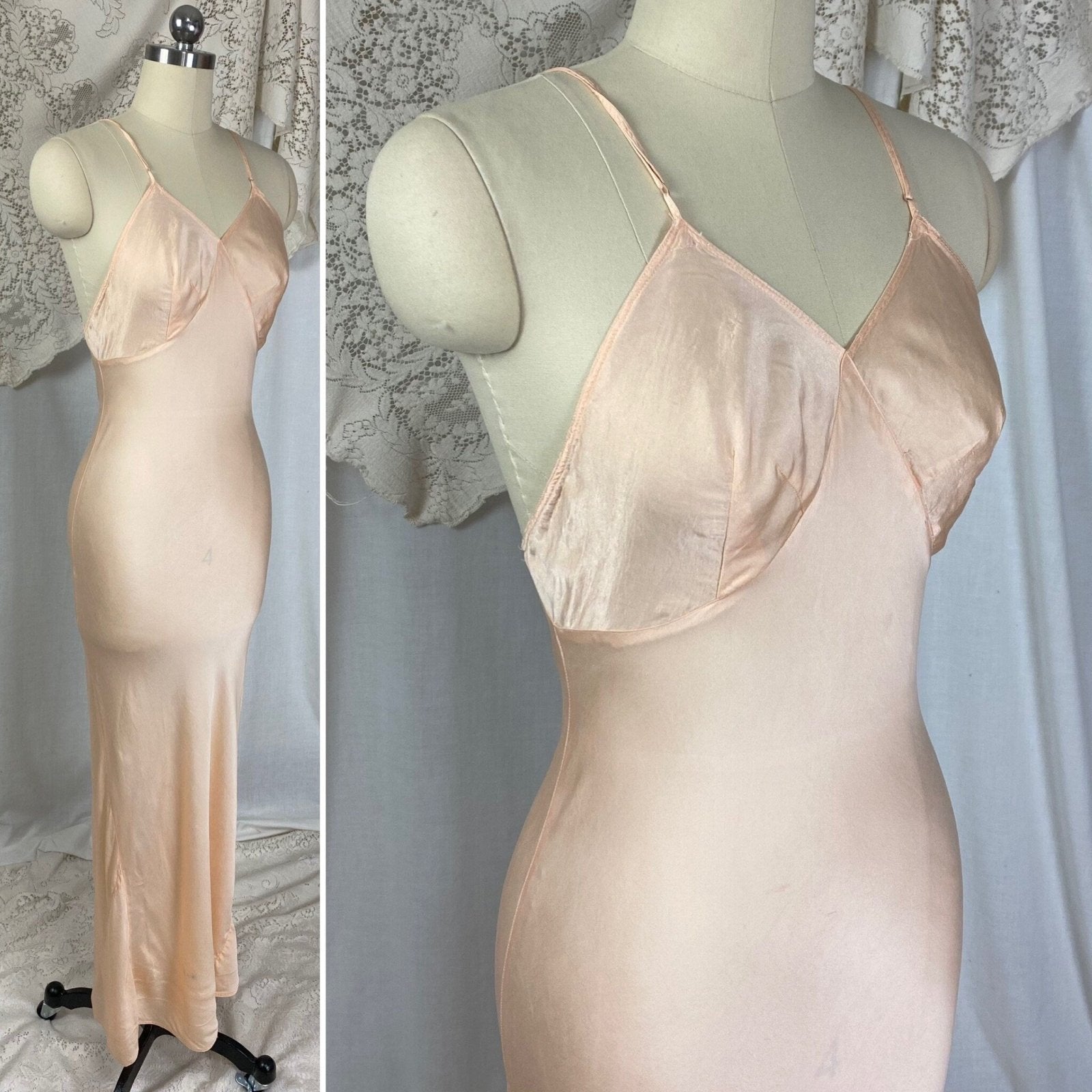 Vintage 1930's Maxi Slip Dress | Semi Sheer Peach Silk with Deep Bias Cut & Low Back | Size S, M - Daggers & Dames