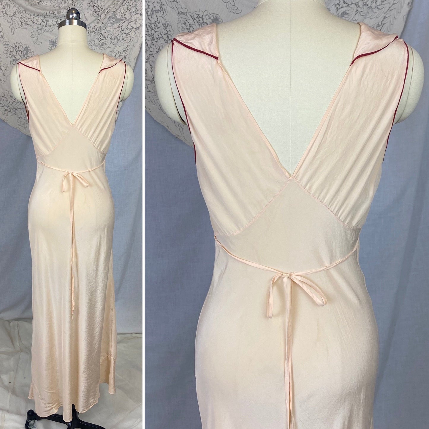 Vintage 1930's Nightgown | Buttercream Silk with Bold Red Embroidery | Size 34-36 Bust, S, M - Daggers & Dames