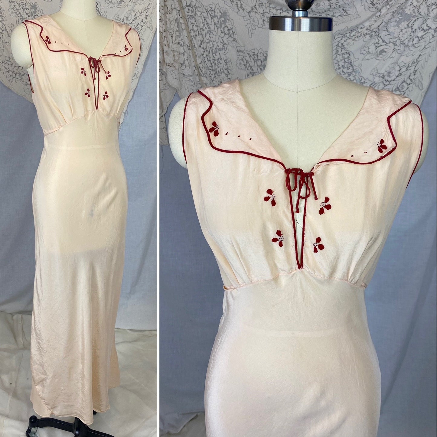 Vintage 1930's Nightgown | Buttercream Silk with Bold Red Embroidery | Size 34-36 Bust, S, M - Daggers & Dames