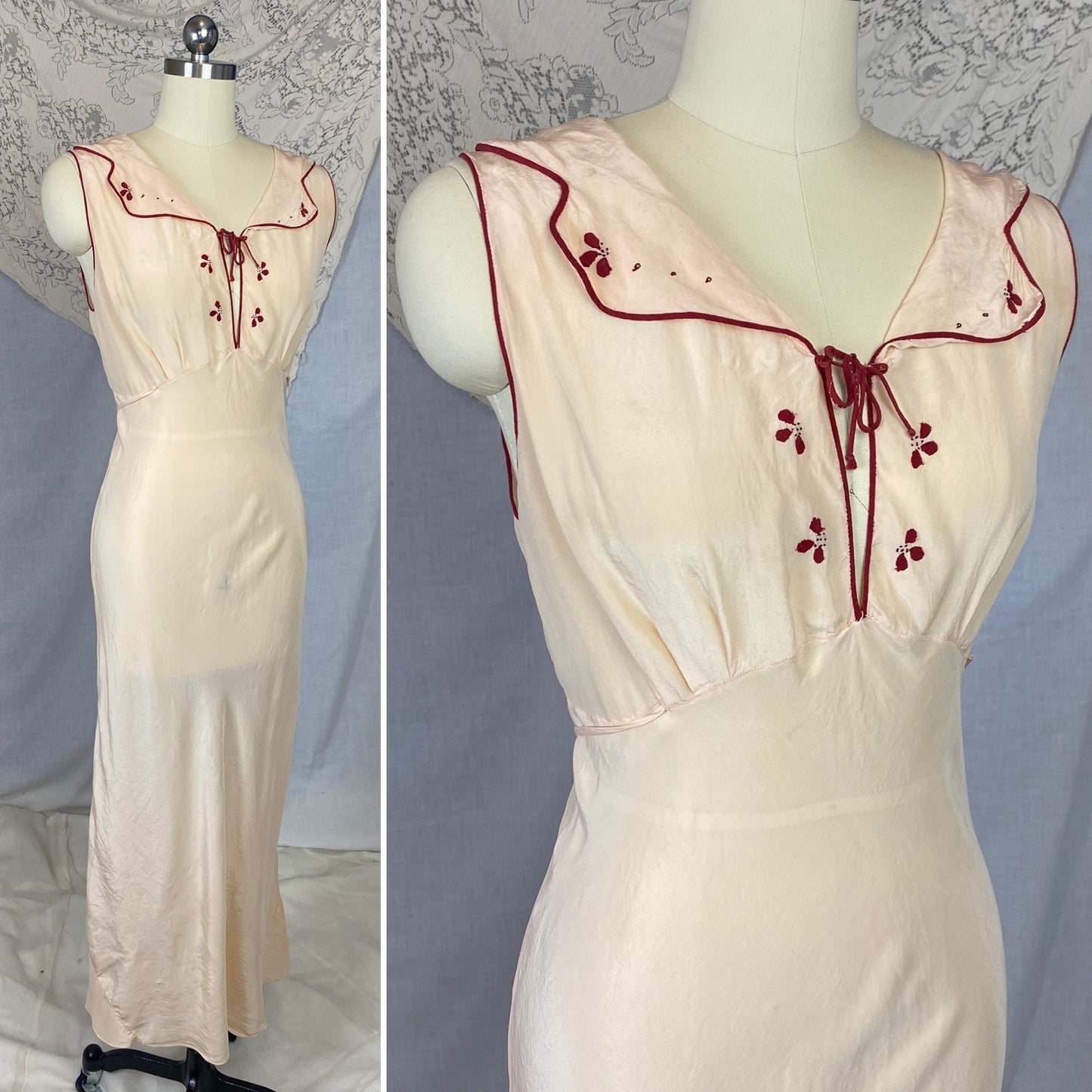 Vintage 1930's Nightgown | Buttercream Silk with Bold Red Embroidery | Size 34-36 Bust, S, M - Daggers & Dames