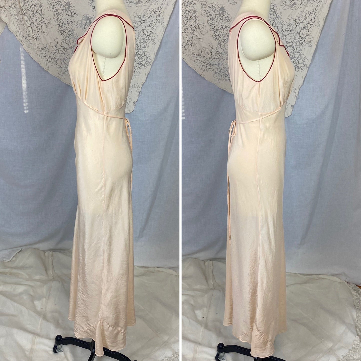 Vintage 1930's Nightgown | Buttercream Silk with Bold Red Embroidery | Size 34-36 Bust, S, M - Daggers & Dames