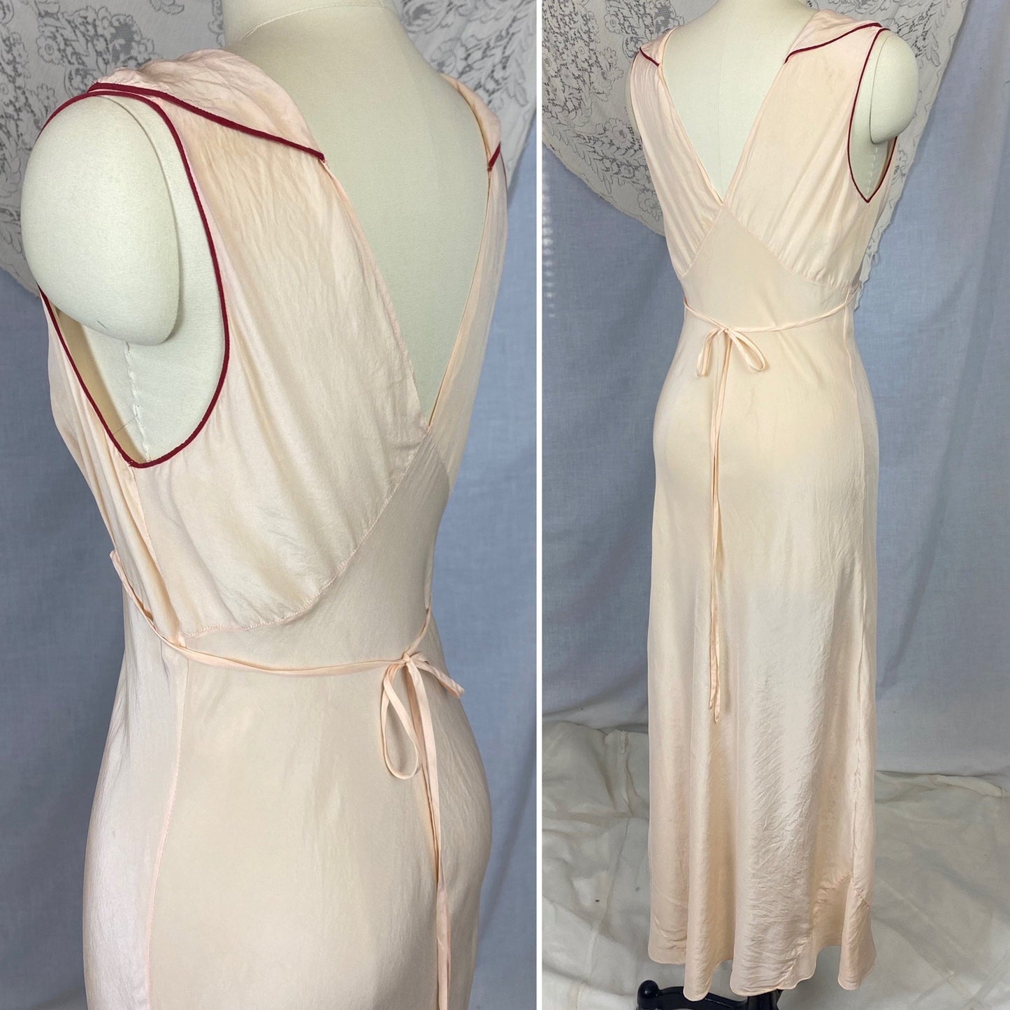 Vintage 1930's Nightgown | Buttercream Silk with Bold Red Embroidery | Size 34-36 Bust, S, M - Daggers & Dames
