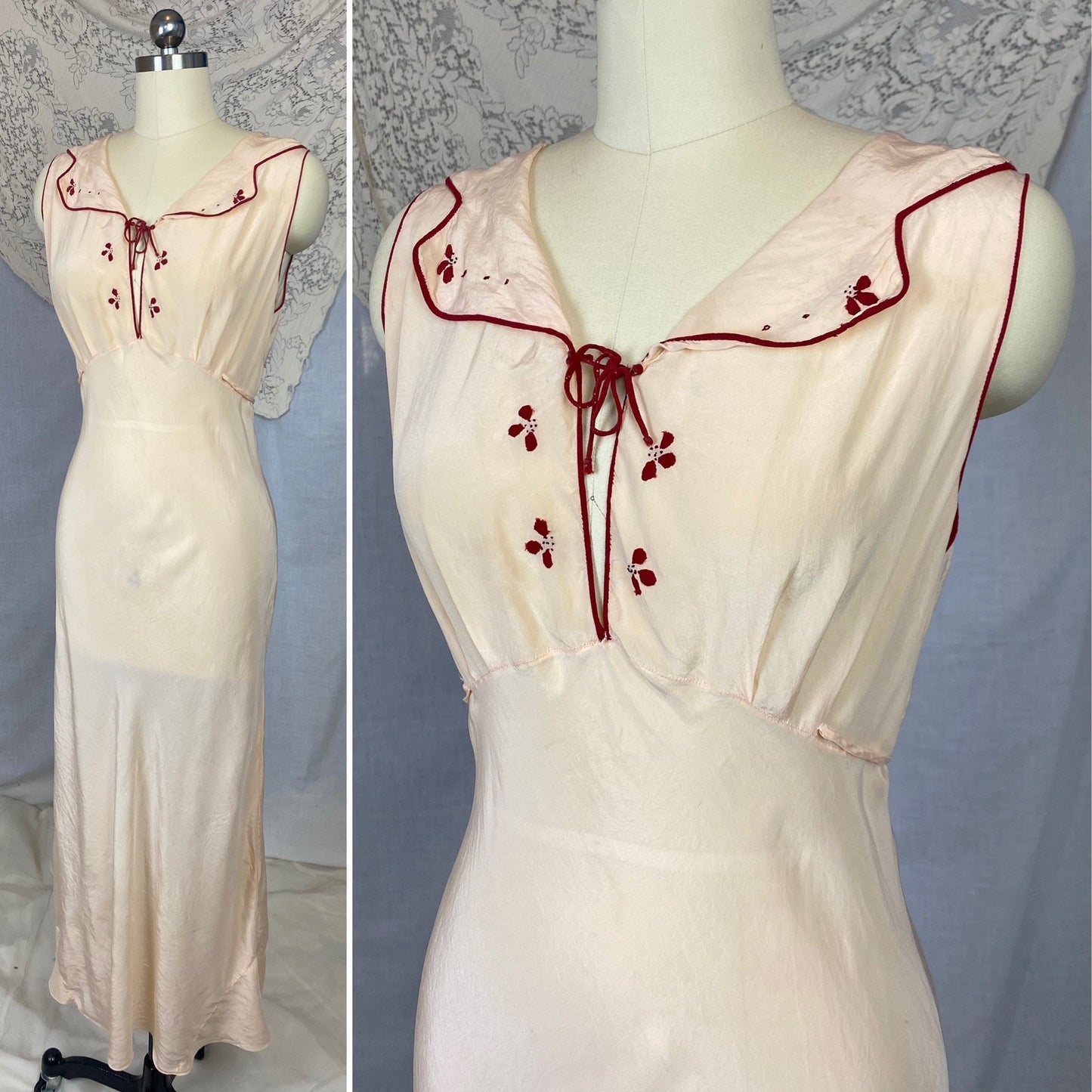 Vintage 1930's Nightgown | Buttercream Silk with Bold Red Embroidery | Size 34-36 Bust, S, M - Daggers & Dames