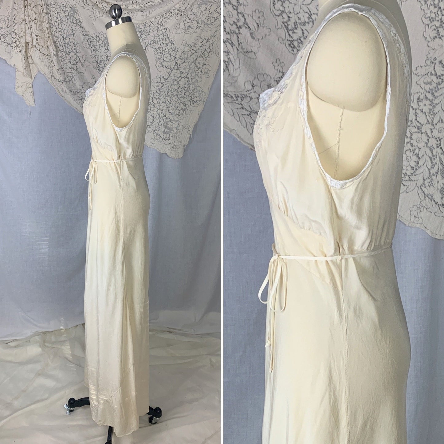Vintage 1930's Nightgown | Buttermilk Silk with White lace & Floral Wreath Embroidery | Size S, M | Made in China - Daggers & Dames