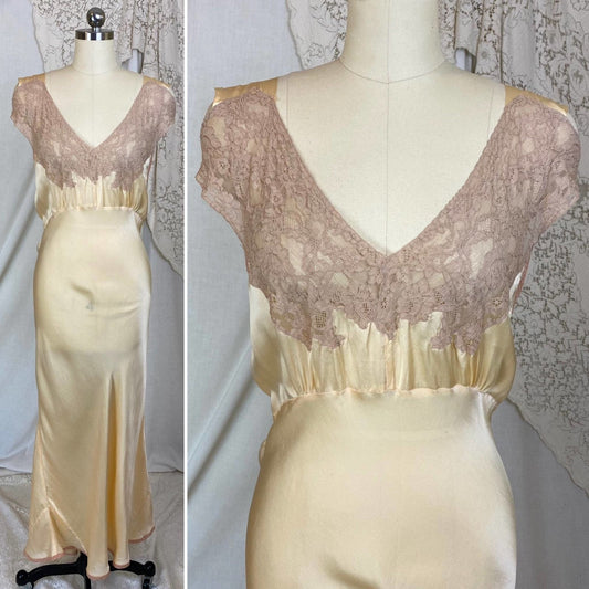 Vintage 1930's Nightgown | Champagne Silk with Mocha Lace & Cold Shoulder | Size M, LG - Daggers & Dames