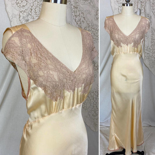 Vintage 1930's Nightgown | Champagne Silk with Mocha Lace & Cold Shoulder | Size M, LG - Daggers & Dames